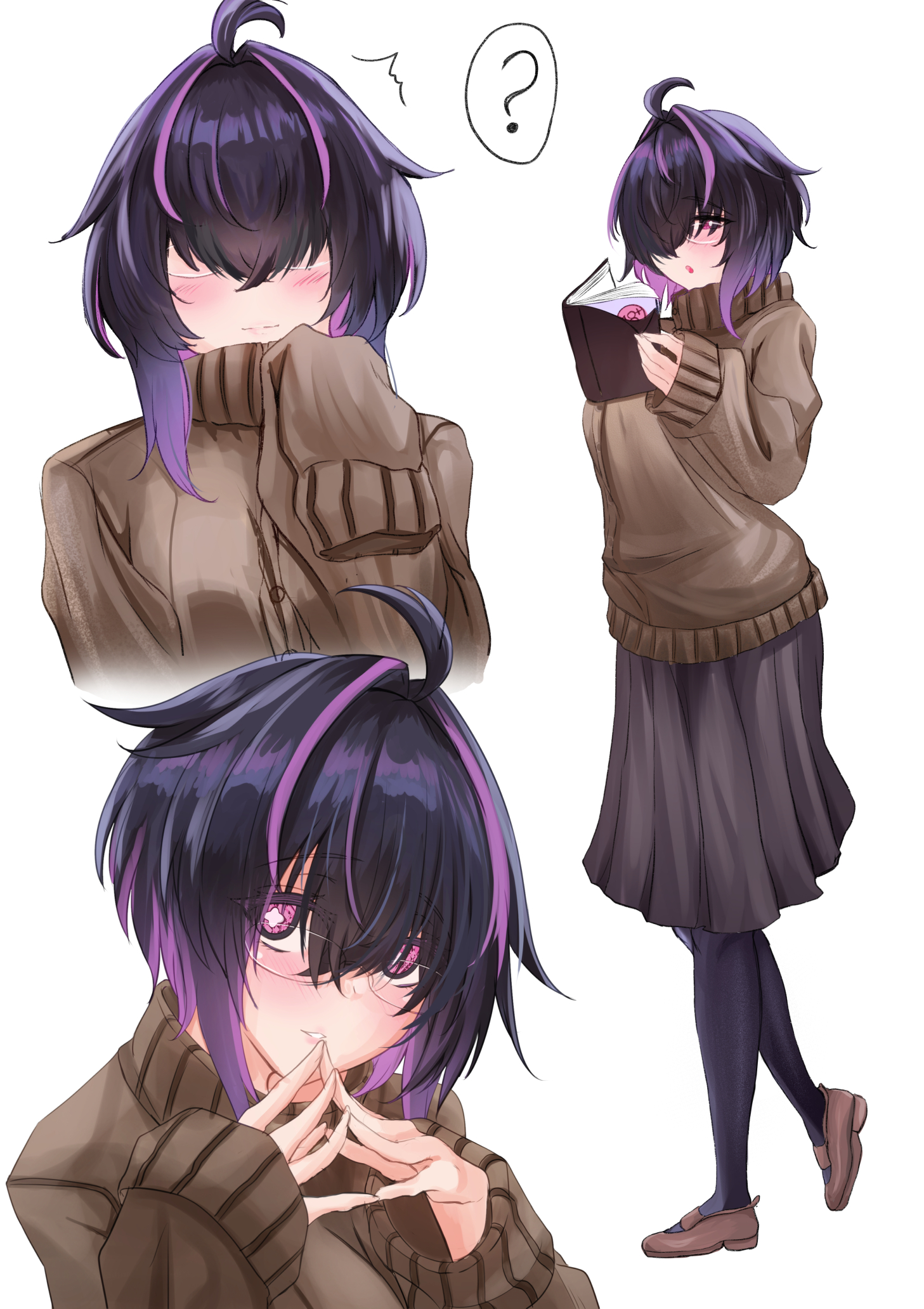 ophis (scaith), original, highres, eyeshadow, glasses, makeup, multicolored hair, purple eyeshadow, solo, sweater, thighhighs