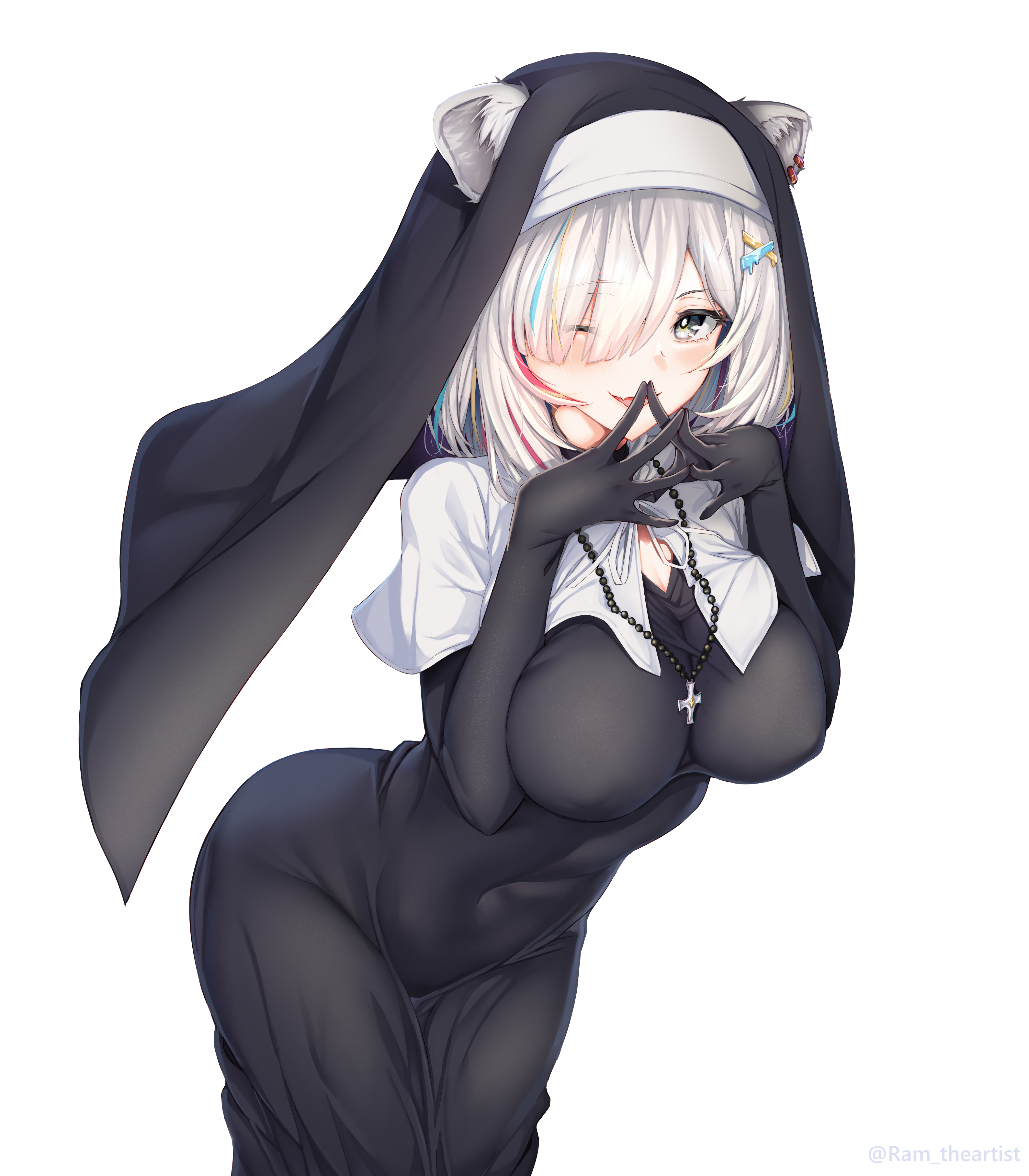 rpg (ram), shishiro botan, hololive, naked dress, absurdres, commentary, english commentary, highres, 1girl, animal ear piercing, animal ears, bead necklace, beads, black bodysuit, blue hair, bodysuit, breasts, covered erect nipples, covered navel, cowboy shot, cross, ears through headwear, fang, grey eyes, hands up, jewelry, large breasts, leaning forward, legs together, lion ears, lion girl, looking at viewer, multicolored hair, necklace, no bra, nun, official alternate hair length, official alternate hairstyle, one eye closed, open mouth, own hands together, red hair, simple background, skin fang, skin tight, solo, steepled fingers, streaked hair, thighs, virtual youtuber, white background, white hair