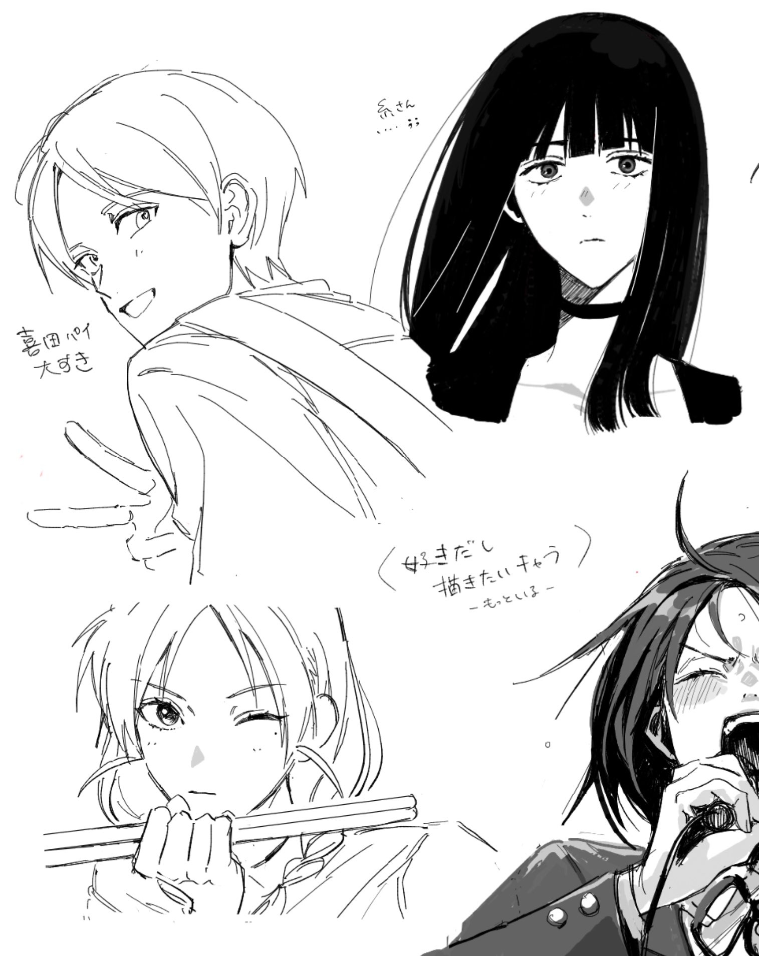 hatono chihiro, kida taishi, uchida momo, futsuu no keion-bu, commentary request, highres, 1boy, 3girls, :|, blunt bangs, braid, choker, closed mouth, collarbone, cropped torso, drumsticks, furutoride, greyscale, holding, holding drumsticks, long hair, minase ito (futsuu no keion-bu), mole, mole under eye, monochrome, multiple girls, one eye closed, parted bangs, portrait, short hair, simple background, sketch, smile, twin braids, twintails, v, v-shaped eyebrows, white background