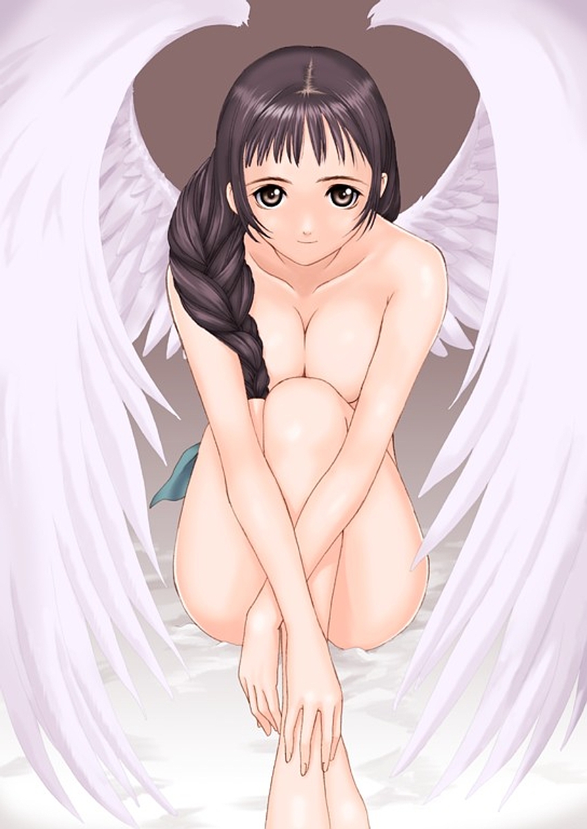 tony taka, yukifuji mika, tsubasa no hatameki, highres, 1girl, angel, angel wings, braid, brown hair, female focus, legs, long legs, nude, ribbon, smile, solo, wings