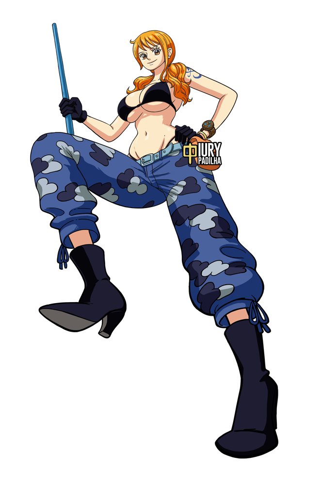 iury padilha, nami (one piece), one piece, one piece heart of gold, 1girl, alternate costume, alternate hairstyle, artist name, bikini, black bikini, blue pants, breasts, brown eyes, clima-tact, curvy, gloves, high heels, highleg, highleg bikini, holding, holding staff, large breasts, looking at viewer, navel, official alternate costume, official alternate hairstyle, orange hair, pants, shoulder tattoo, smile, staff, swimsuit, tattoo, twintails