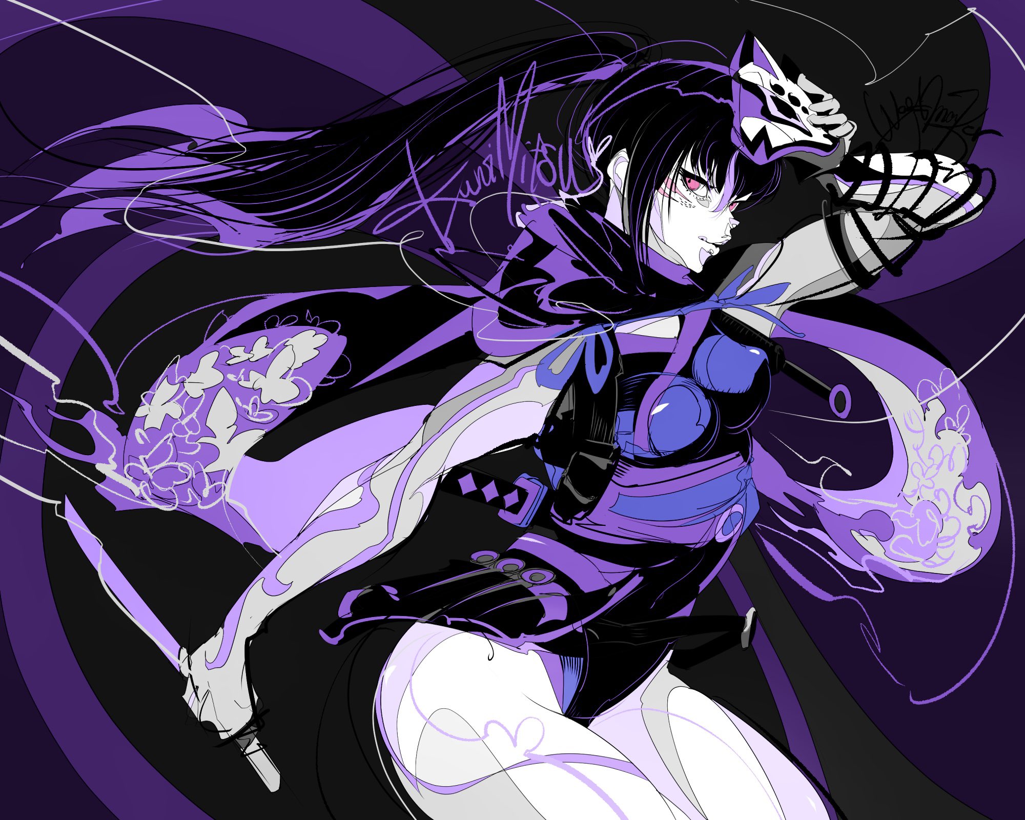 wolfmarker, kunimitsu ii, namco, tekken, tekken 8, 1girl, holding, holding weapon, kitsune marks, kodachi, ninja, pink eyes, ponytail, short sword, sword, weapon