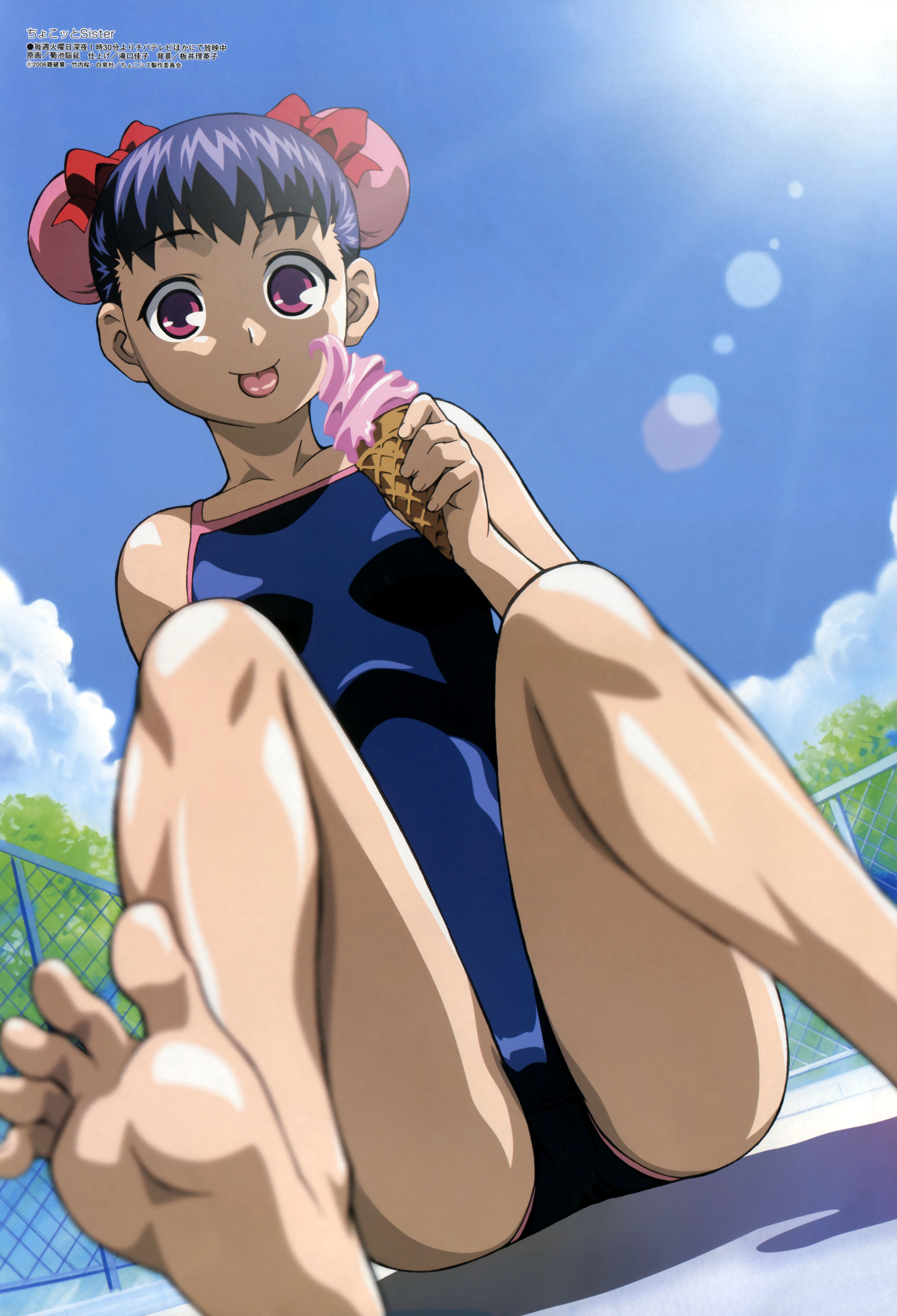 kikuchi satonobu, choko, choko (chokotto sister), chokotto sister, megami magazine, absurdres, highres, official art, scan, 00s, 1girl, 2006, :p, alternate hairstyle, barefoot, blue hair, blue one-piece swimsuit, blue sky, blurry, bow, breasts, casual one-piece swimsuit, chain-link fence, cloud, crotch, day, depth of field, dutch angle, feet, female focus, fence, food, foot focus, full body, hair bow, hair up, holding, ice cream, ice cream cone, legs, lens flare, light rays, looking at viewer, one-piece swimsuit, outdoors, pink eyes, poolside, purple eyes, shadow, shiny skin, short hair, sitting, sky, small breasts, soles, solo, spread toes, sun, sunbeam, sunlight, swimsuit, toes, tongue, tongue out, tree
