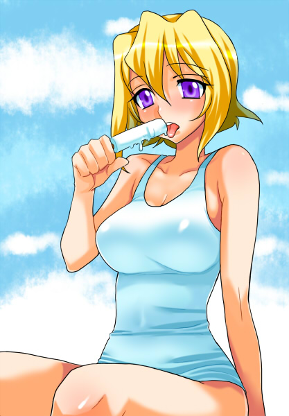 tooru jin, stellar loussier, gundam, gundam seed, gundam seed destiny, 00s, 1girl, blonde hair, female focus, food, one-piece swimsuit, popsicle, purple eyes, sexually suggestive, short hair, solo, swimsuit, tongue