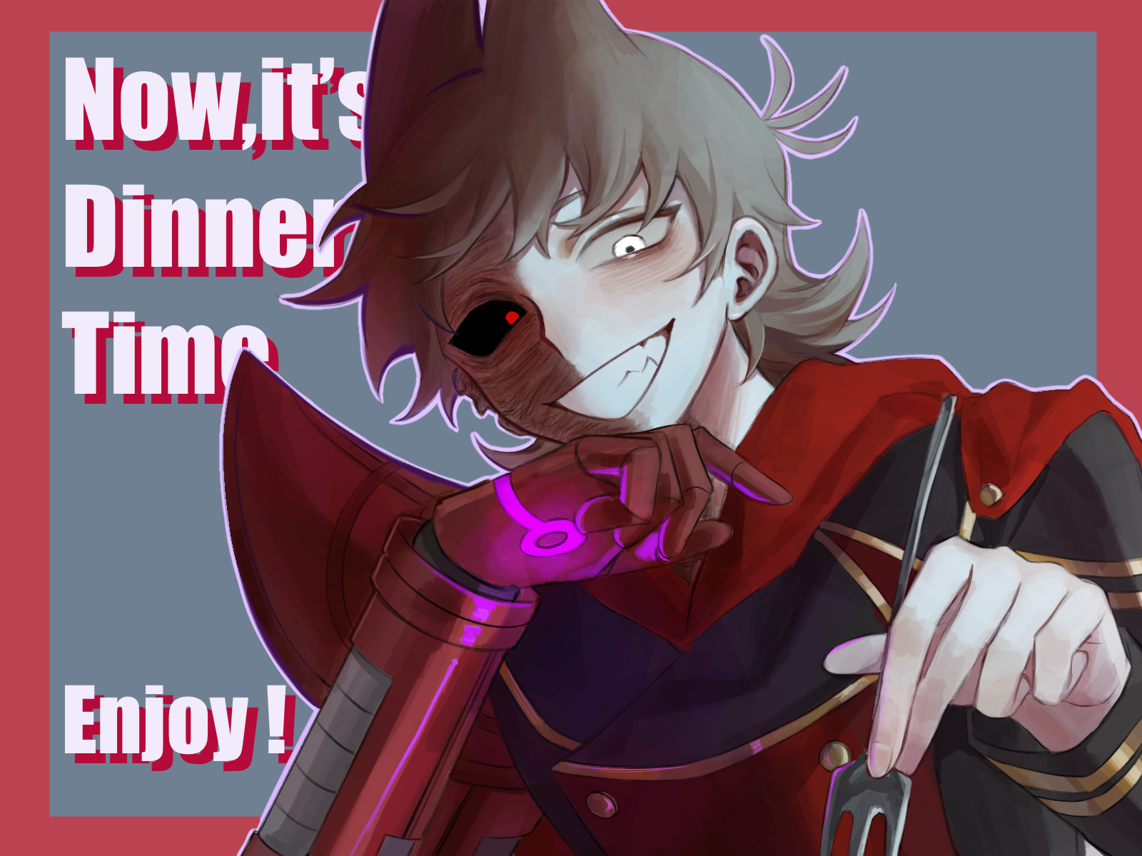 kafei146, eddsworld, commentary, english commentary, highres, 1boy, :d, antenna hair, black jacket, black sclera, border, brown hair, buttons, colored sclera, double-breasted, english text, fork, future tord (eddsworld), glowing, glowing eyes, gold buttons, gold trim, grey background, grin, hair behind ear, hair between eyes, hair horns, hand on own chin, heterochromia, holding, holding fork, hood, hood down, jacket, long sleeves, looking down, male focus, mechanical arms, mismatched sclera, open mouth, outline, outside border, pink outline, red border, red eyes, scar, scar on face, short hair, simple background, single mechanical arm, smile, solo, swept bangs, tord (eddsworld), tsurime, upper body, white eyes