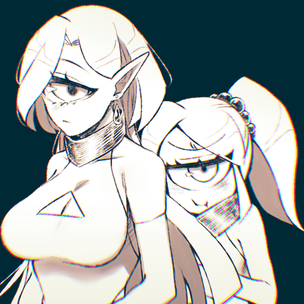 imozonokan, original, commentary request, 2girls, blush, breasts, chromatic aberration, cleavage, cleavage cutout, clothing cutout, cyclops, dress, earrings, elbow gloves, flat chest, gloves, greyscale, hair behind ear, hair bobbles, hair ornament, halterneck, jewelry, large breasts, long hair, monochrome, multiple girls, one-eyed, pointy ears, ponytail, pout, sepia, teardrop earrings, very long hair