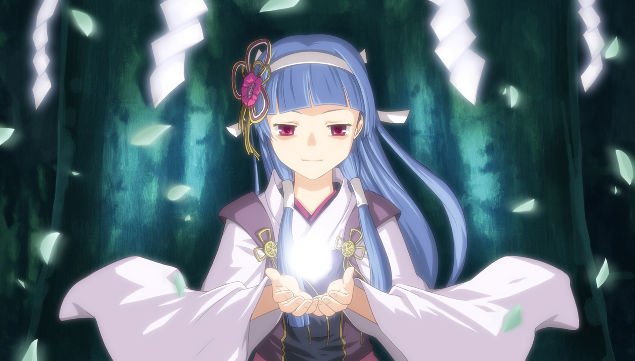 ardnades, nagi, kannagi, 00s, blue hair, blunt bangs, hair ornament, hairband, japanese clothes, long hair, petals, purple eyes, solo