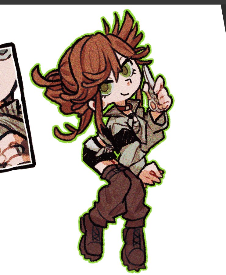 kunni, riyo reaper, gachiakuta, 1girl, boots, brown boots, brown leg warmers, choker, closed mouth, flipped bangs, folded ponytail, green eyes, grey jacket, jacket, leg warmers, looking at viewer, red choker, red hair, sidelocks, simple background, smile, solo, white background