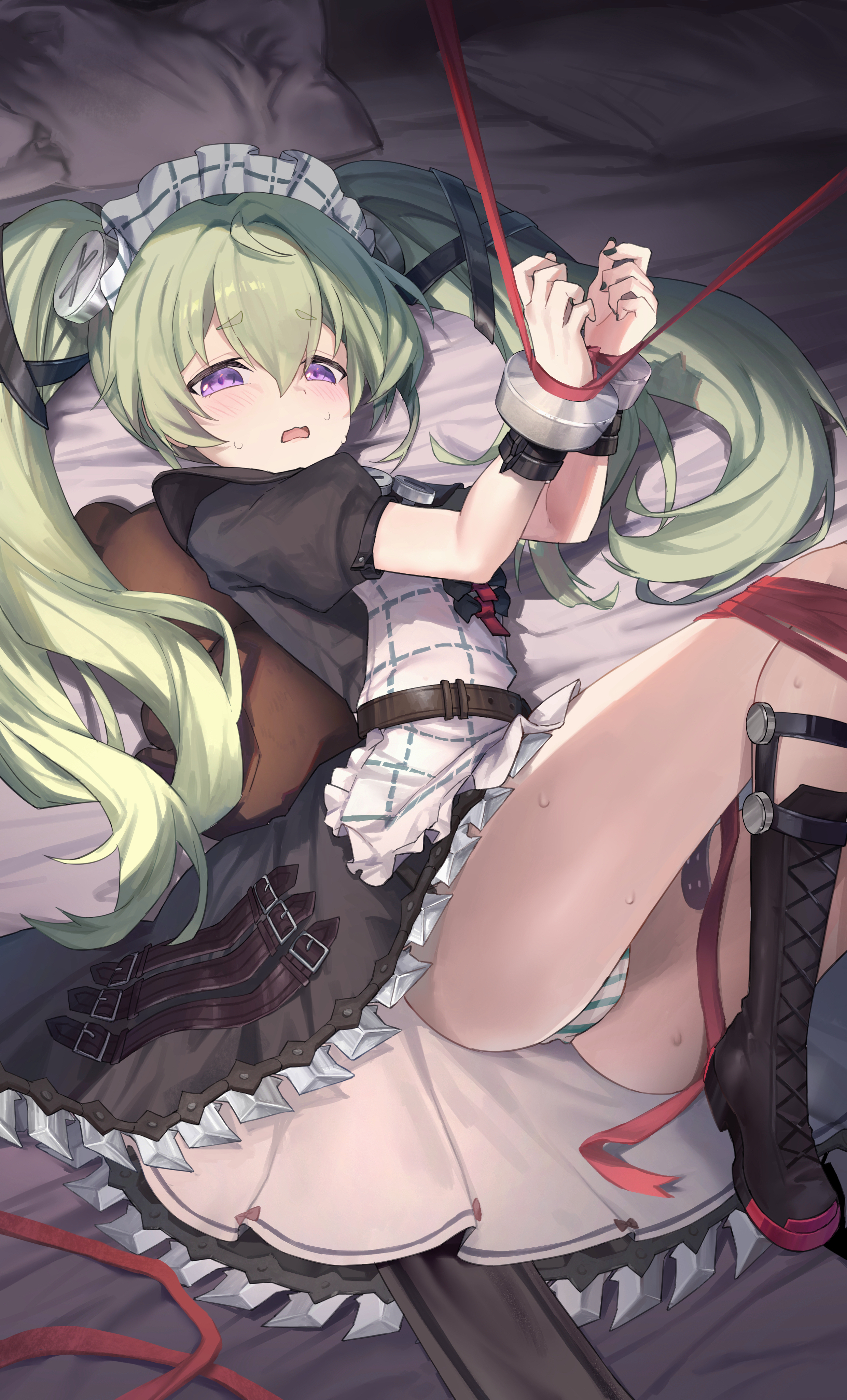 kuro11kii, corin wickes, zenless zone zero, absurdres, commentary request, highres, 1girl, apron, ass, black boots, black dress, black nails, blush, boots, bound, bound wrists, cuffs, dress, dutch angle, feet out of frame, frilled apron, frilled dress, frills, green hair, hair between eyes, hair intakes, hair spread out, handcuffs, hands up, indoors, knees up, lace-up boots, legs, long hair, long ribbon, looking at viewer, lying, maid, maid headdress, nail polish, on back, on bed, open mouth, panties, puffy short sleeves, puffy sleeves, purple eyes, red ribbon, restrained, ribbon, short sleeves, solo, sweat, thick eyebrows, thighs, twintails, underwear, upskirt, very long hair, wavy mouth, white apron