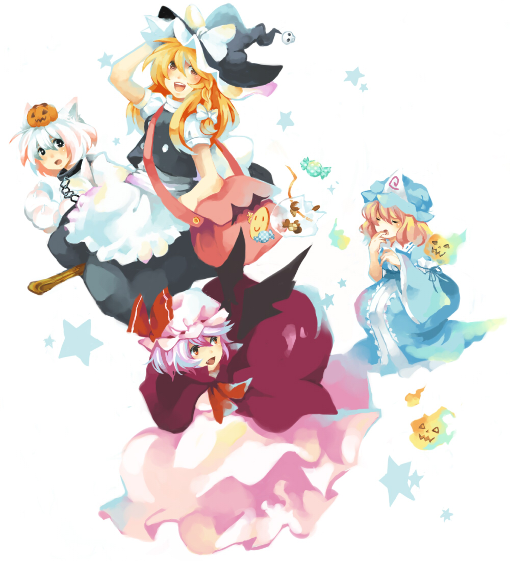 jugem, pk, inubashiri momiji, kirisame marisa, remilia scarlet, saigyouji yuyuko, touhou, bad id, bad pixiv id, 4girls, broom, broom riding, candy, checkerboard cookie, cookie, female focus, food, halloween, hat, holding, holding unworn clothes, holding unworn hat, jack-o'-lantern, multiple girls, pumpkin, skull, smiley face, star (symbol), unworn hat, unworn headwear