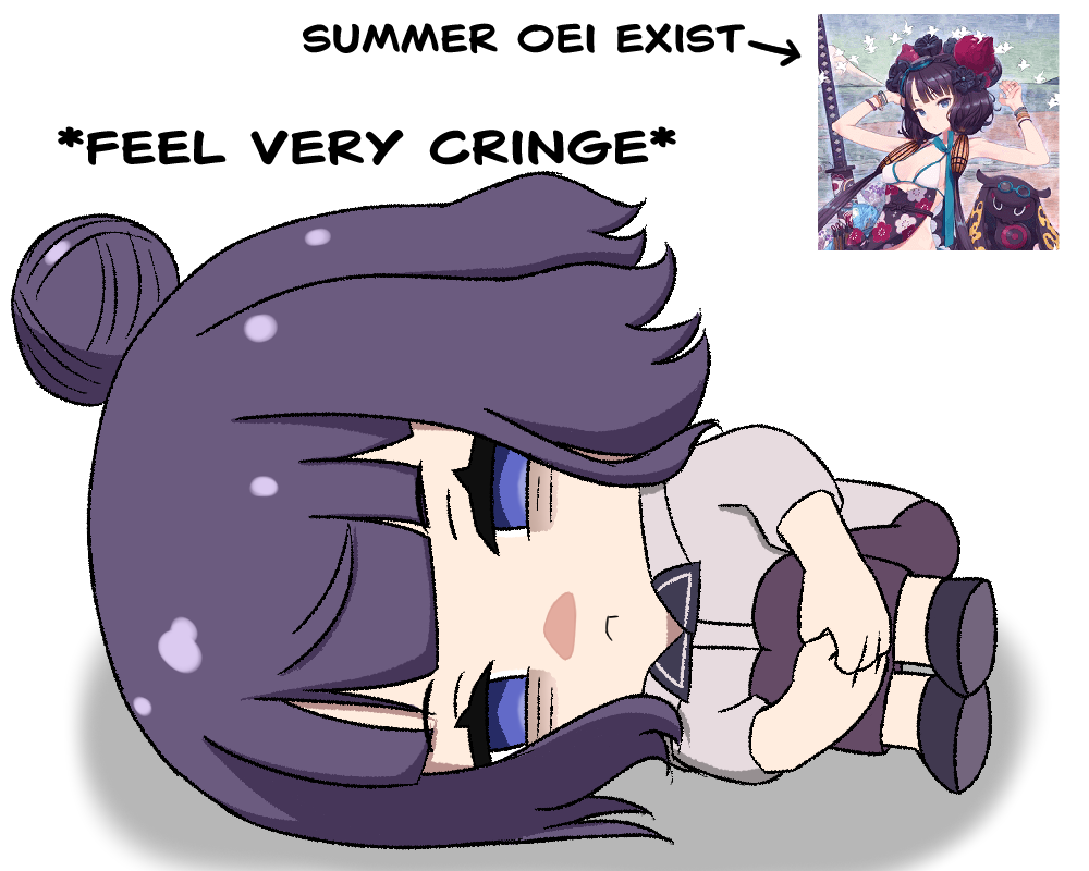 benimaru101, katsushika hokusai (fate), katsushika hokusai (swimsuit saber) (fate), katsushika hokusai (traveling outfit) (fate), toto-sama (fate), fate/grand order, fate (series), commentary, english commentary, 1girl, bikini, blue eyes, chibi, english text, flower, game screenshot inset, hair bun, hair flower, hair ornament, hugging own legs, long hair, lying, octopus, purple hair, short hair, single hair bun, sleepy, swimsuit, twintails, white bikini