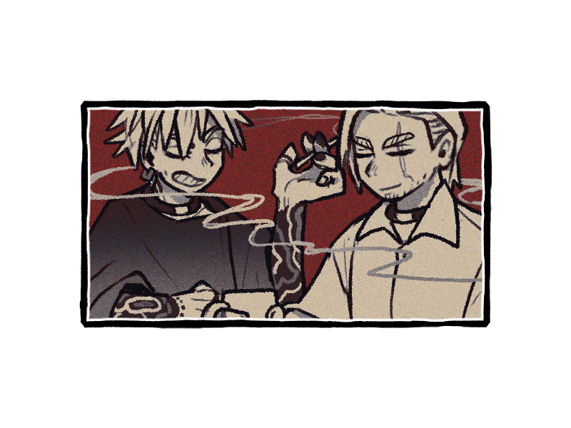 kunni, enjin (gachiakuta), gris rubion, gachiakuta, 2boys, choker, cigarette, closed eyes, closed mouth, collared shirt, earrings, greyscale, greyscale with colored background, grin, hand up, holding, holding cigarette, jewelry, monochrome, multiple boys, nail polish, scar, scar across eye, scar on face, shirt, smile, smoke
