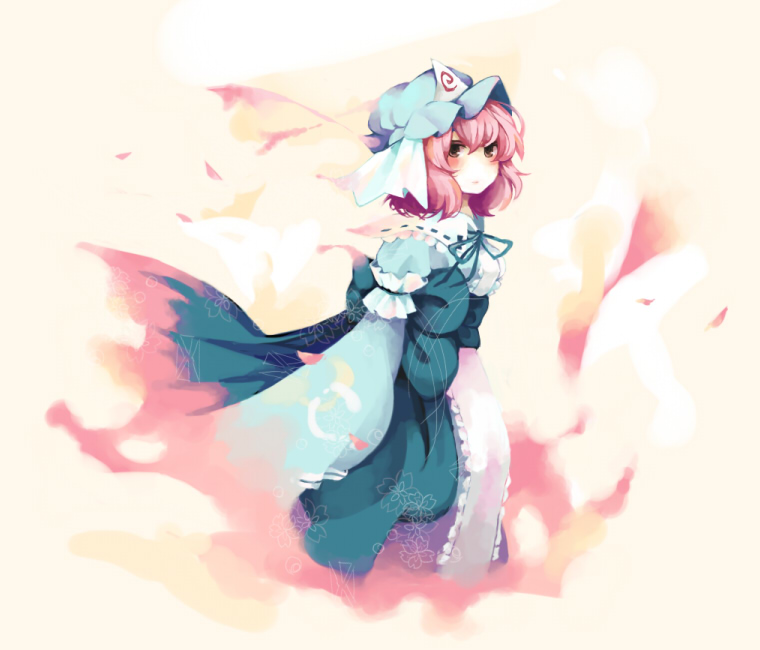 jugem, pk, saigyouji yuyuko, touhou, bad id, bad pixiv id, 1girl, arm garter, blush, female focus, frills, hat, japanese clothes, kimono, long sleeves, looking at viewer, pink hair, short hair, solo, standing, triangular headpiece