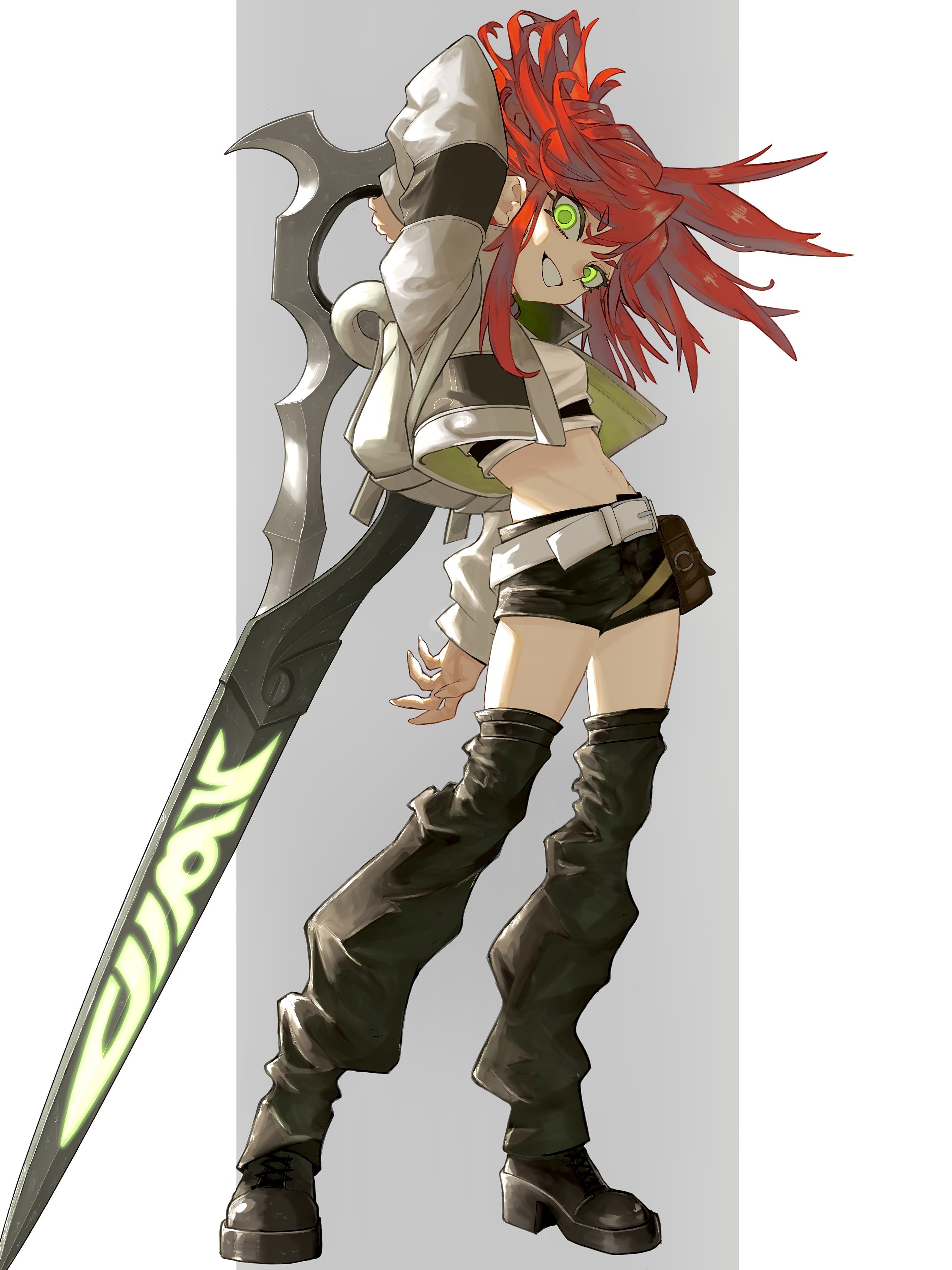 2687 nirvana, riyo reaper, gachiakuta, absurdres, highres, 1girl, arm up, bandeau, belt, black leg warmers, black shorts, cropped jacket, flipped bangs, folded ponytail, full body, green eyes, grey jacket, grin, jacket, leg warmers, long hair, looking at viewer, red hair, scissors, shorts, simple background, smile, solo, standing, white background, white bandeau, white belt