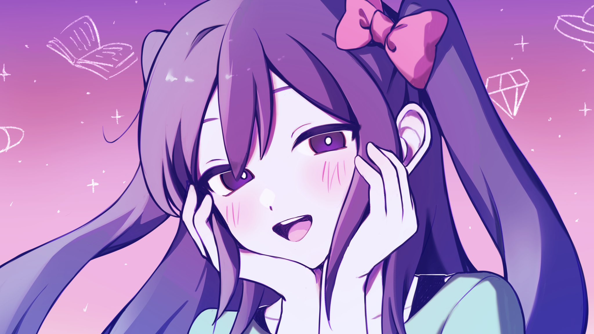 aubrey (headspace) (omori), aubrey (omori), omori, commentary request, highres, 1girl, :d, alternate hairstyle, aqua shirt, blush, bow, bra strap, bright pupils, colored skin, double-parted bangs, gradient sky, hair between eyes, hair bow, hands on own cheeks, hands on own face, hands up, long hair, looking at viewer, open mouth, outdoors, pink bow, pink sky, portrait, purple eyes, purple hair, purple sky, shirt, simple background, sitte marmalade, sky, smile, solo, sparkle, teeth, tongue, two side up, upper teeth only, white pupils, white skin
