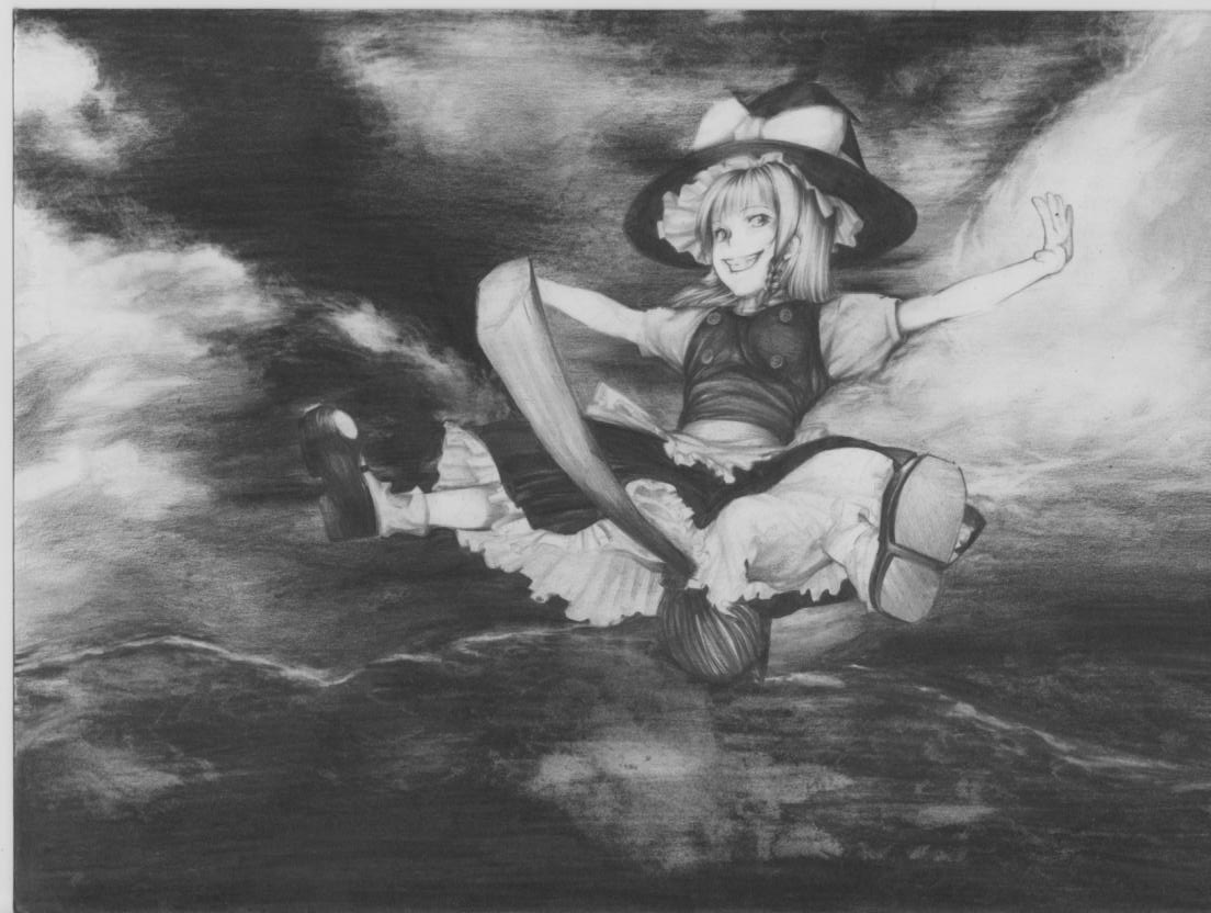 rukaori, kirisame marisa, touhou, bad id, bad pixiv id, 1girl, broom, dress, female focus, flying, full body, greyscale, hat, monochrome, outdoors, sky, solo, underwear