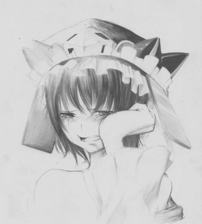 rukaori, shiki eiki, touhou, bad id, bad pixiv id, 1girl, female focus, greyscale, hat, monochrome, solo, tears, upper body