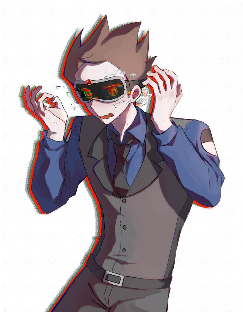kafei146, tom (eddsworld), eddsworld, chinese commentary, commentary request, highres, 1boy, @ @, belt, black necktie, blue shirt, brown hair, buttons, clothing cutout, collared shirt, cowboy shot, future tom (eddsworld), green eyes, grey belt, grey pants, grey vest, hair behind ear, hair slicked back, hands up, head-mounted display, long sleeves, male focus, multicolored eyes, necktie, open mouth, pants, puffy long sleeves, puffy sleeves, red eyes, shirt, short hair, shoulder cutout, simple background, solo, standing, sweat, two-tone eyes, very short hair, vest