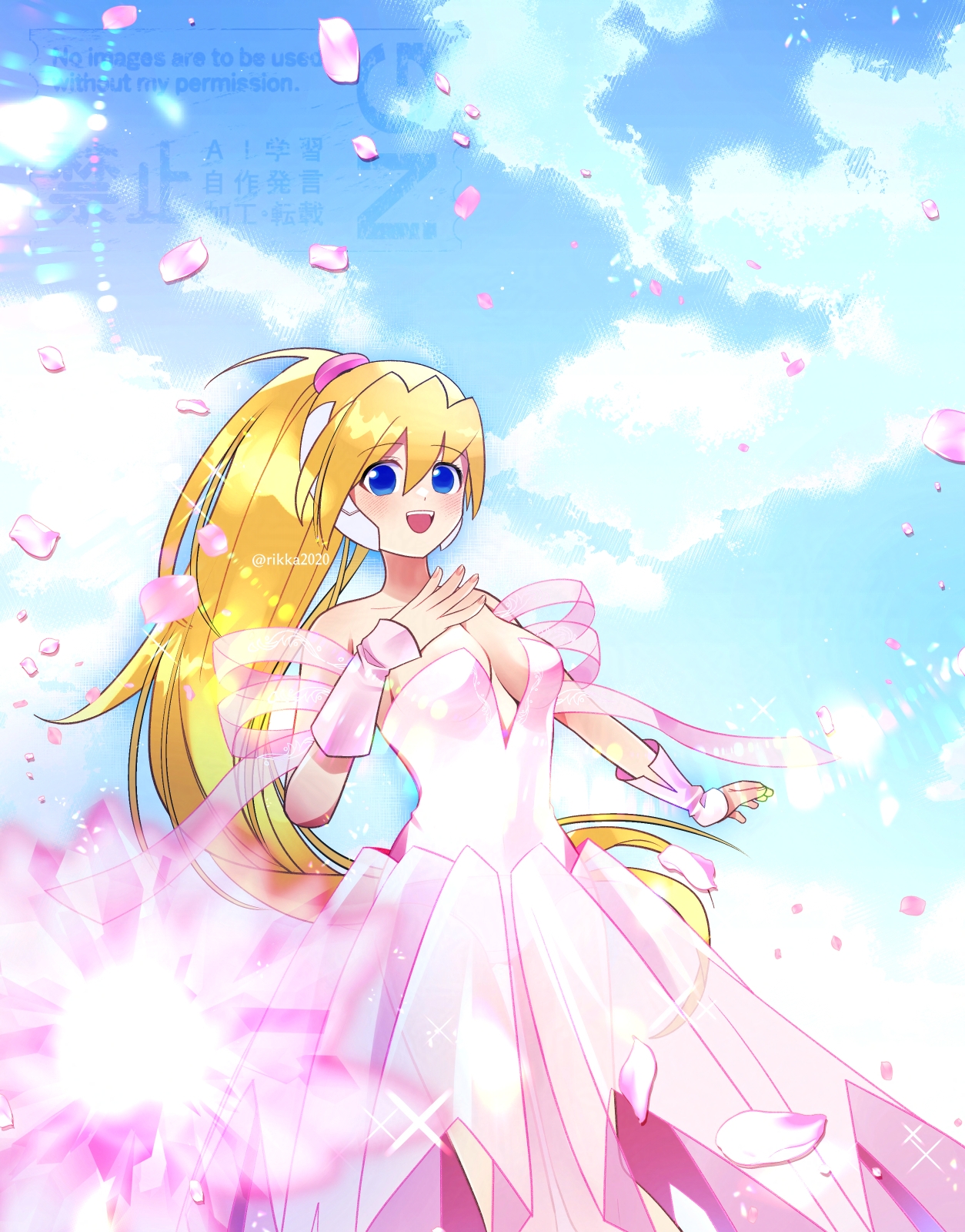rikka (user hruv2435), ciel (mega man), mega man (series), mega man zero (series), commission, highres, vgen commission, 1girl, bare shoulders, blonde hair, blue eyes, blush, breasts, cleavage, cowboy shot, dress, high ponytail, long hair, medium breasts, open mouth, pink dress, pink petals, ponytail, robot ears, solo, watermark