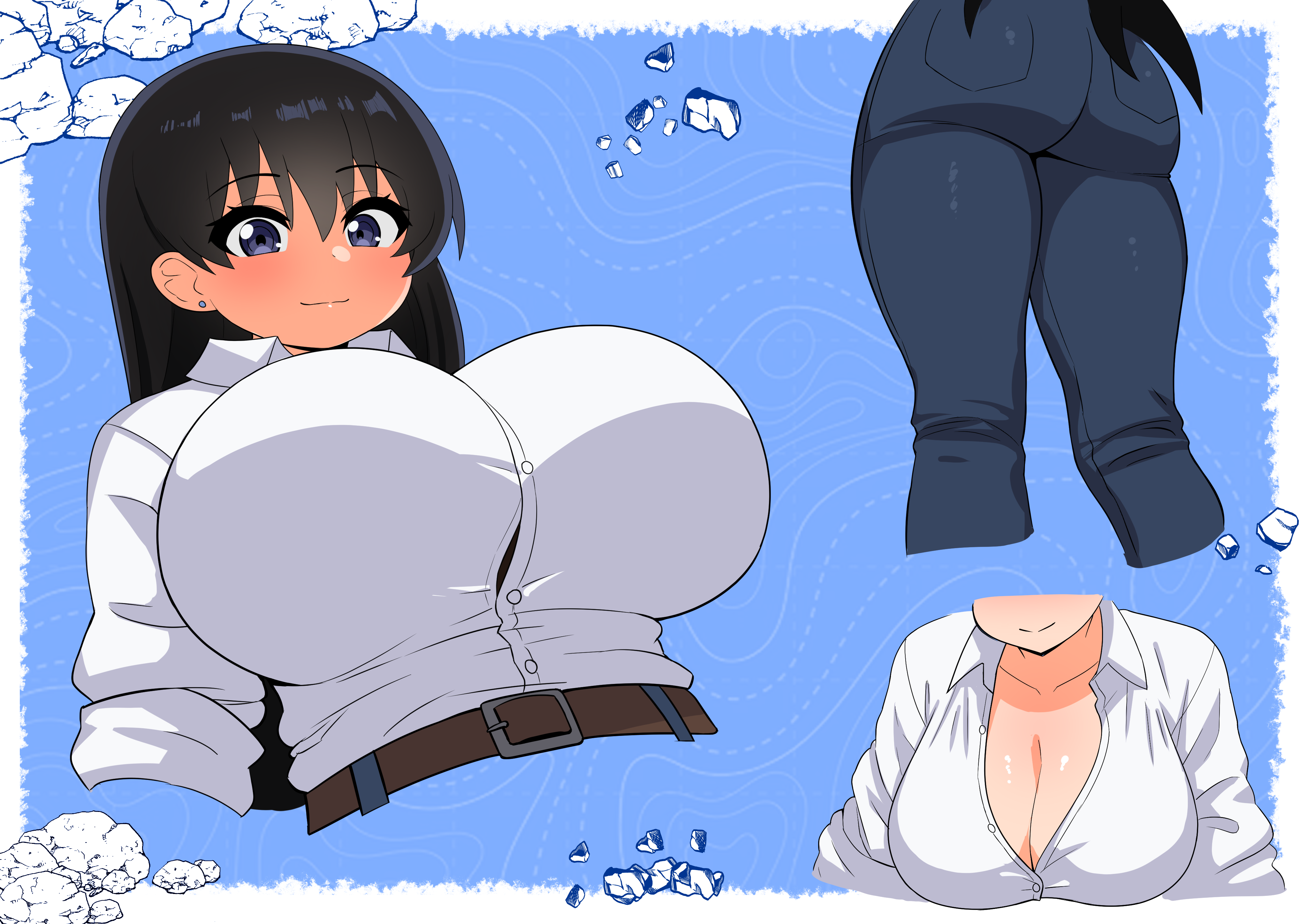 the only shoe, arato nagi, ruri no houseki, absurdres, commentary, highres, 1girl, ass, black hair, blue background, blue eyes, blue pants, breasts, cleavage, closed mouth, collared shirt, cropped arms, cropped head, cropped legs, cropped torso, denim, earrings, jeans, jewelry, large breasts, long hair, long sleeves, looking at viewer, multiple views, pants, rock, shirt, sleeves rolled up, smile, stud earrings, white shirt, wing collar