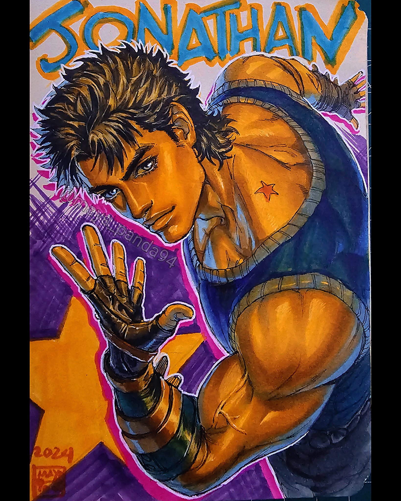 maya panda, jonathan joestar, jojo no kimyou na bouken, phantom blood, commentary, english commentary, highres, marker (medium), traditional media, 1boy, 2024, birthmark, black gloves, black hair, blue tank top, character name, fingerless gloves, gloves, joestar birthmark, jojo pose, jonathan joestar's pose (jojo), looking at viewer, male focus, messy hair, muscular, muscular male, signature, solo, star (symbol), tank top