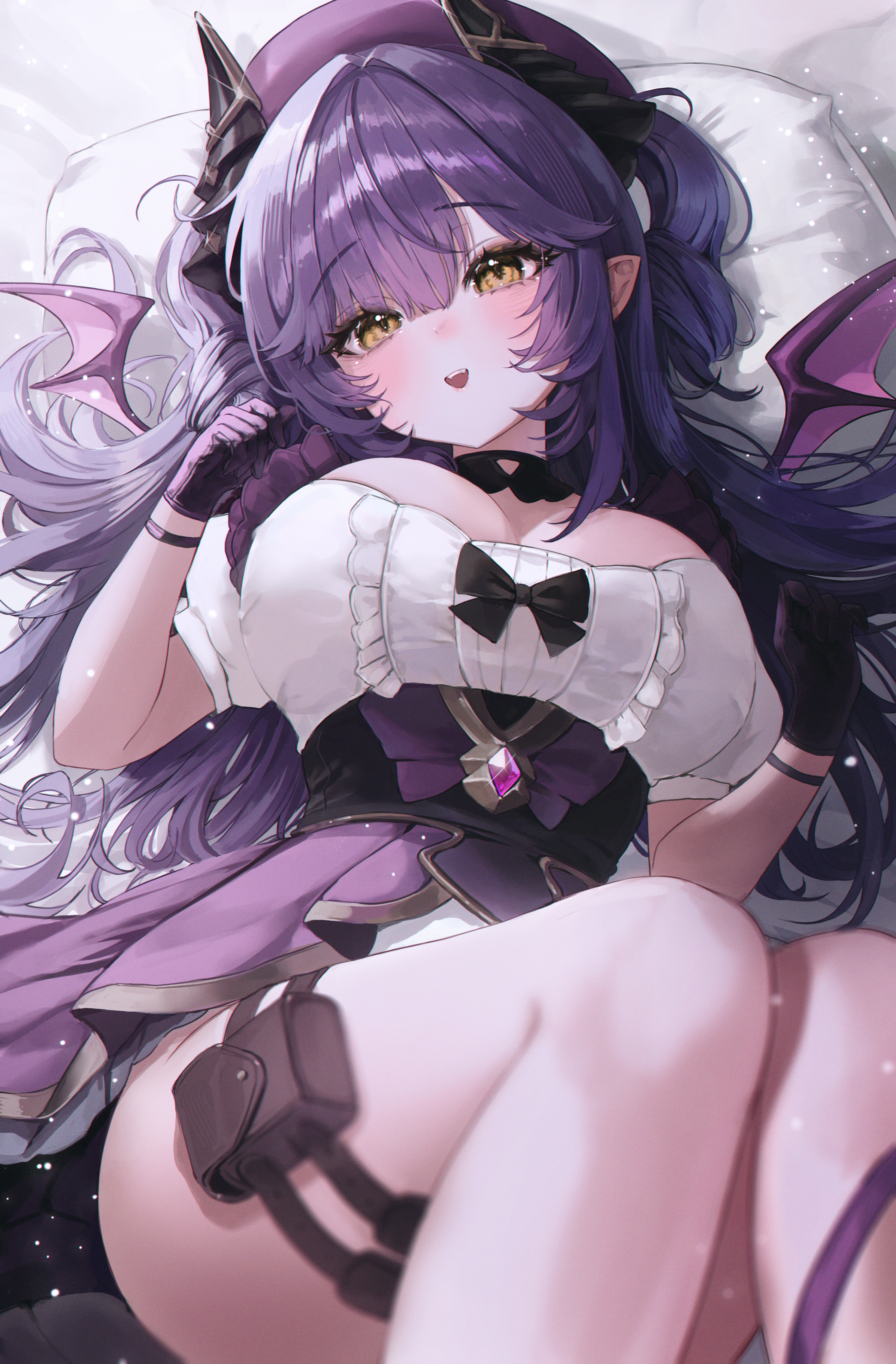 bbeedol, sakihane huya, stellive, absurdres, highres, 1girl, black gloves, blurry, breasts, center frills, cleavage, depth of field, dragon horns, dragon wings, frills, gloves, hat, horns, large breasts, long hair, looking at viewer, lying, mini wings, on back, open mouth, pillow, pointy ears, purple hair, purple hat, shirt, short sleeves, smile, solo, thigh strap, two side up, underbust, virtual youtuber, white shirt, wings, yellow eyes