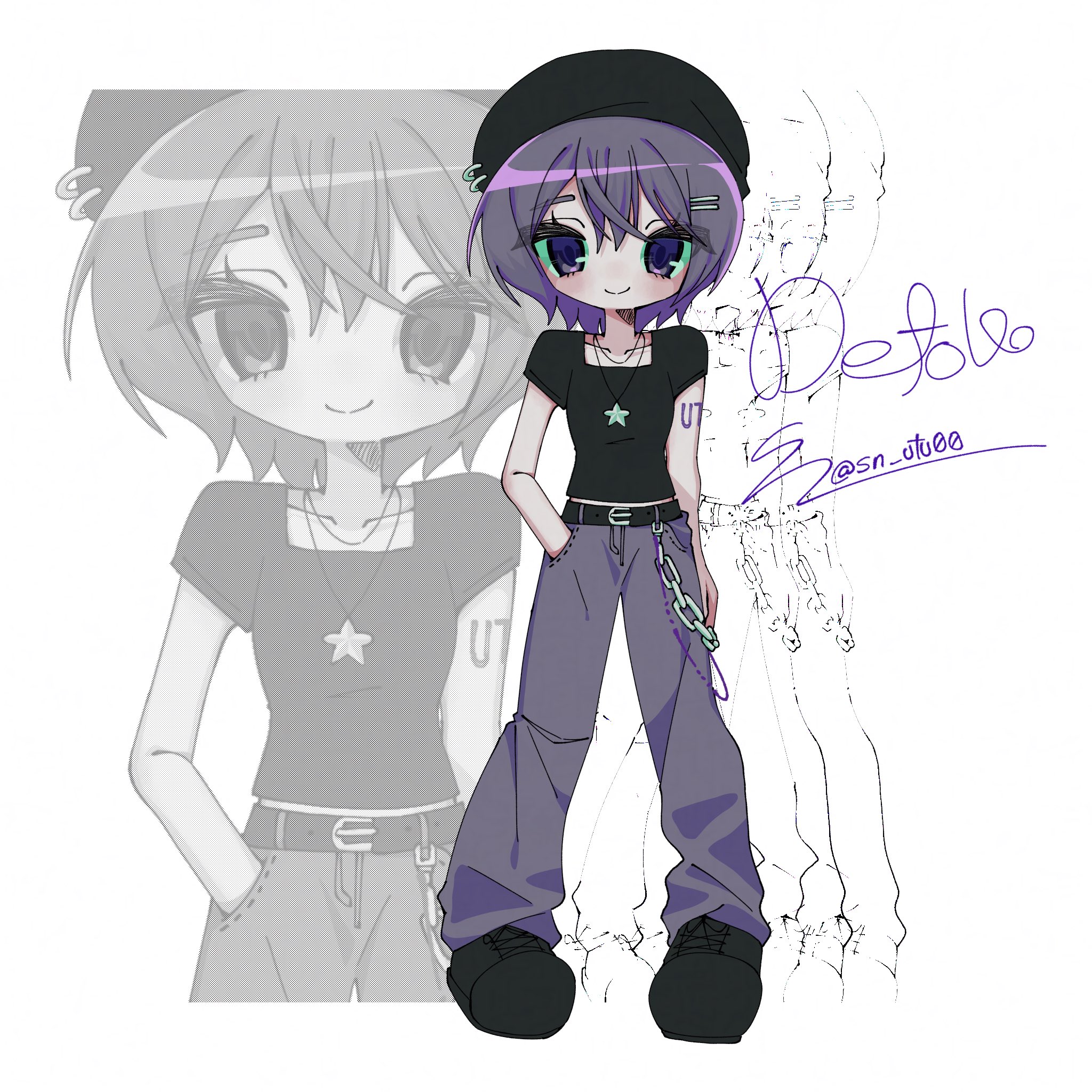sn (sn utu00), utane uta, utau, highres, 1girl, alternate costume, belt, beret, black belt, black hat, black shirt, black shoes, character name, closed mouth, hand in pocket, hat, jewelry, looking at viewer, necklace, pants, purple eyes, purple hair, purple pants, shirt, shoes, short hair, short sleeves, signature, smile, solo, star (symbol), star necklace, wallet chain, zoom layer