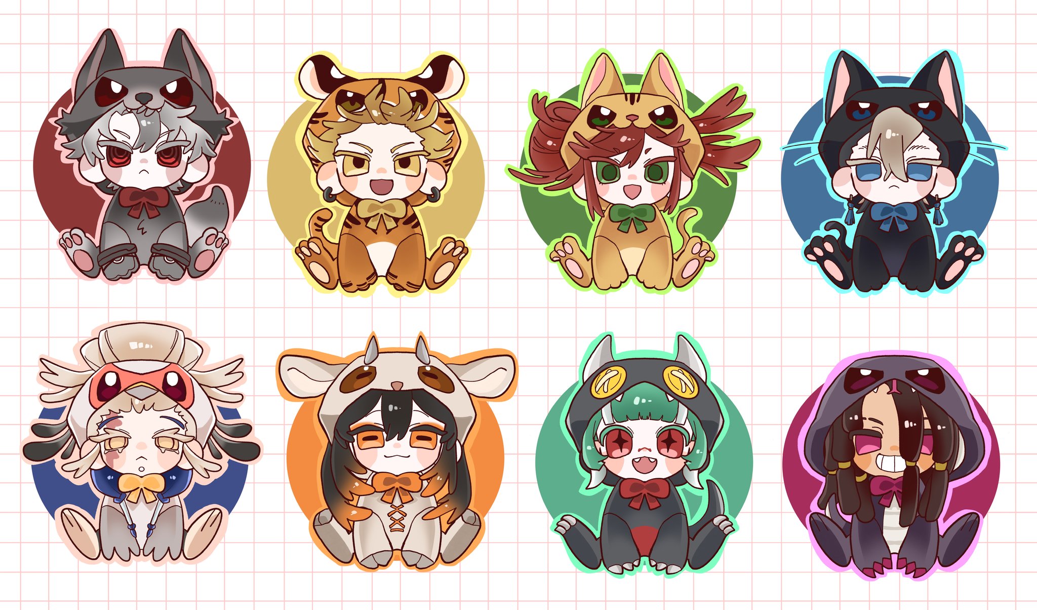 amo empool, enjin (gachiakuta), guita hebby fantasia, jabber wonger, riyo reaper, rudo surebrec, tamsy caines, zanka nijiku, gachiakuta, highres, 3girls, 5boys, :<, animal costume, animal print, bird costume, blue bow, blue bowtie, bow, bowtie, cat costume, closed mouth, cosplay, green bow, green bowtie, green hair, horizontal pupils, kigurumi, looking at viewer, majin 3699, multiple boys, multiple girls, open mouth, orange bow, orange bowtie, orange eyes, pink bow, pink bowtie, pink eyes, purple eyes, red bow, red bowtie, red eyes, sheep costume, short hair, simple background, smile, snake costume, tiger costume, tiger print, white background, wolf costume, yellow bow, yellow bowtie