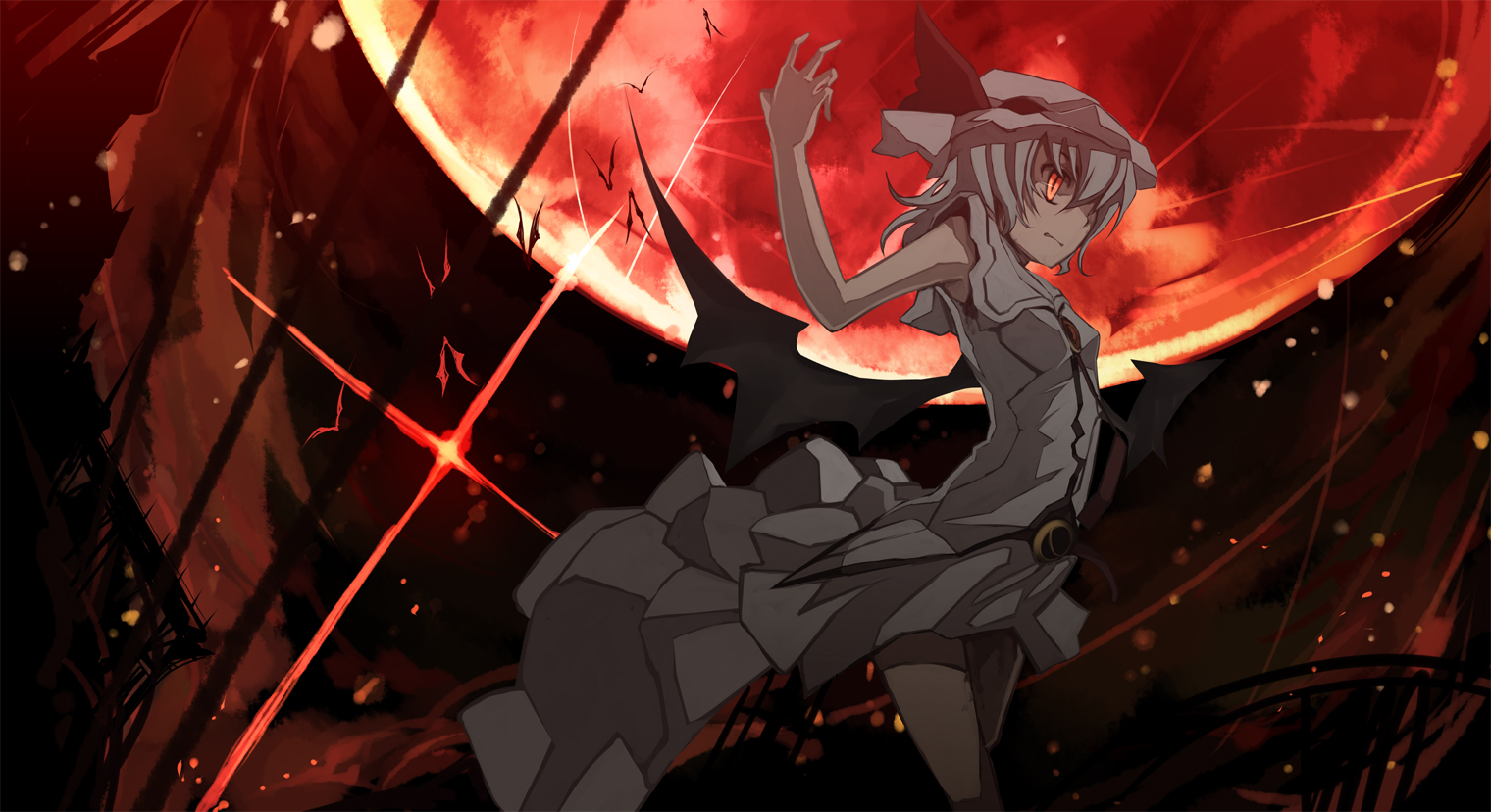 shimadoriru, remilia scarlet, touhou, 1girl, bat (animal), bat wings, blue hair, female focus, full moon, moon, red eyes, red moon, solo, wings