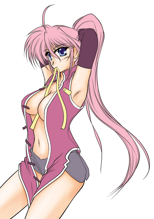 aoiba takato, signum, lyrical nanoha, mahou shoujo lyrical nanoha, mahou shoujo lyrical nanoha a's, mahou shoujo lyrical nanoha strikers, 00s, 1girl, adjusting hair, armpits, between breasts, breasts, cleavage, female focus, flat color, large breasts, mouth hold, open clothes, open shirt, ponytail, shirt, solo