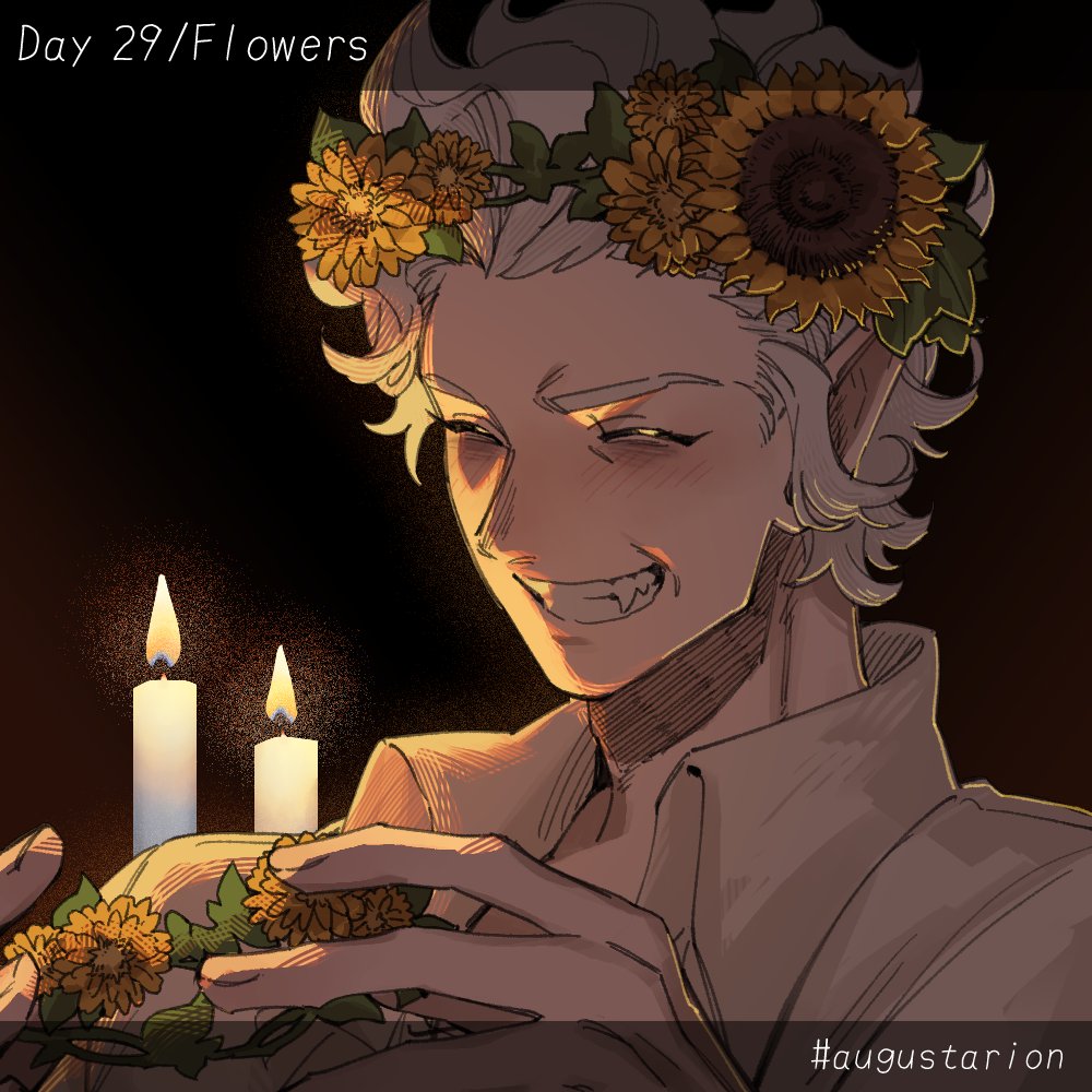 imozonokan, astarion, baldur's gate, baldur's gate 3, dungeons & dragons, dungeons & dragons, commentary, 1boy, candle, closed eyes, fang, flower, grin, hashtag, male focus, pointy ears, portrait, smile, solo, white hair