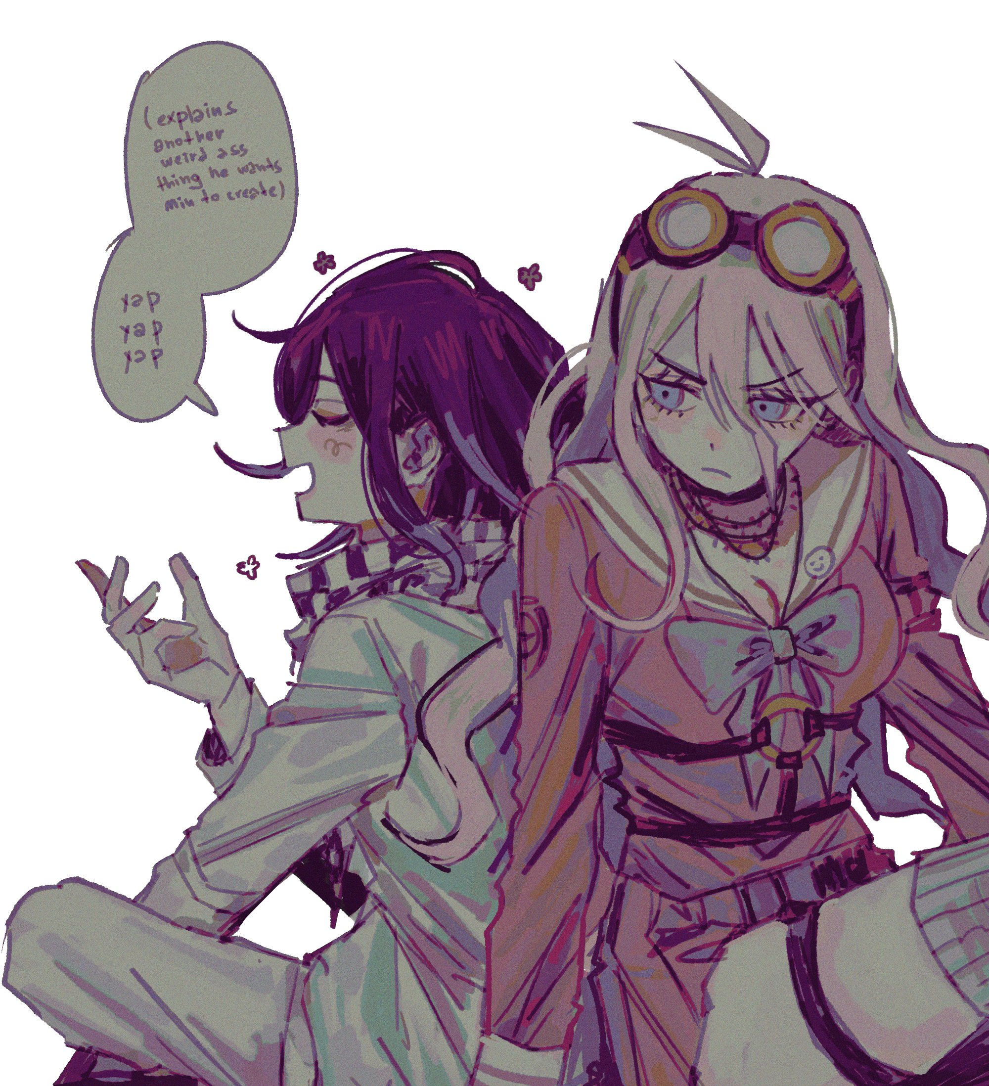 ff9900, iruma miu, oma kokichi, danganronpa (series), danganronpa v3: killing harmony, commentary, english commentary, highres, 1boy, 1girl, antenna hair, back-to-back, barbed wire, belt, blonde hair, blue eyes, blush, breasts, buttons, checkered clothes, checkered scarf, choker, cleavage, closed eyes, english text, eyelashes, flipped hair, flower symbol, from side, frown, goggles, goggles on head, hair between eyes, large breasts, long hair, long sleeves, multiple belts, muted color, o-ring, o-ring belt, open mouth, pants, pink serafuku, pink shirt, profile, purple hair, scarf, school uniform, serafuku, shirt, short hair, simple background, sitting, skirt, smile, speech bubble, talking, thigh strap, two-tone scarf, white background