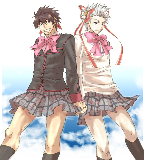 ikuhashi muiko, inohara masato, kamikita komari, miyazawa kengo, natsume rin, little busters!, bad id, bad pixiv id, 2boys, bow, cosplay, crossdressing, crossdressing (mtf), hair ornament, hair ribbon, holding hands, kamikita komari (cosplay), male focus, miniskirt, multiple boys, natsume rin (cosplay), pink bow, plaid clothes, plaid skirt, ribbon, school uniform, skirt, socks