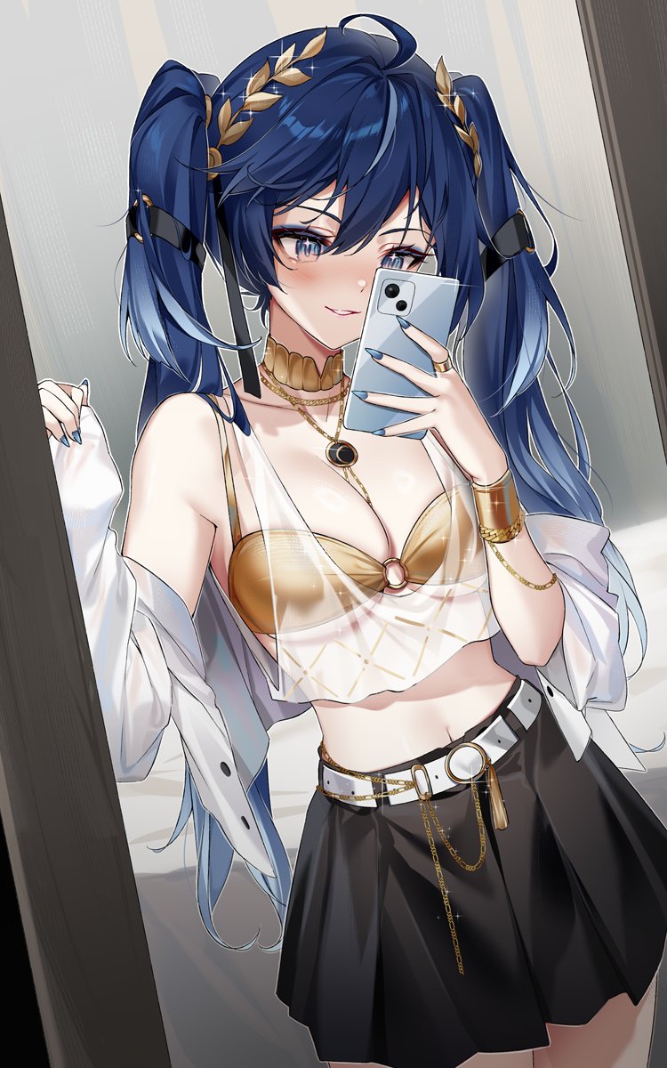 rimuu, iuno (wuthering waves), wuthering waves, commentary, english commentary, highres, 1girl, ahoge, alternate costume, bare shoulders, black skirt, blue eyes, blue nails, breasts, cellphone, cleavage, cowboy shot, doorway, fingernails, gold bra, holding, holding phone, indoors, laurel crown, long hair, medium breasts, midriff, multicolored hair, nail polish, parted lips, phone, pov doorway, skirt, smartphone, smile, solo, streaked hair, twintails