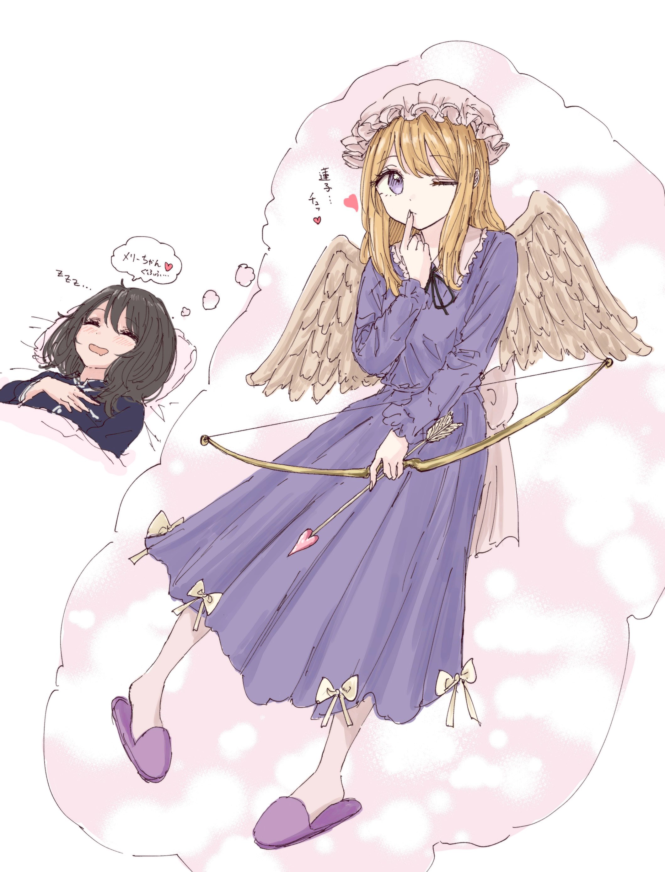 kashiwada kiiho, maribel hearn, usami renko, touhou, absurdres, commentary request, highres, translation request, …, 2girls, angel wings, arrow (projectile), black hair, black ribbon, black shirt, blonde hair, bow, bow (weapon), bow skirt, closed eyes, closed mouth, cupid, dreaming, drooling, feathered wings, finger to mouth, grey wings, hand on own chest, hand up, hat, head on pillow, heart, heart arrow, holding, holding arrow, holding bow (weapon), holding weapon, long hair, long skirt, long sleeves, lying, medium hair, mob cap, mouth drool, multiple girls, neck ribbon, on back, one eye closed, open mouth, pajamas, pillow, purple eyes, purple shirt, purple skirt, purple slippers, ribbon, shirt, shirt tucked in, skirt, sleep talking, sleeping, slippers, speech bubble, thought bubble, under covers, weapon, white background, white hat, wings, zzz