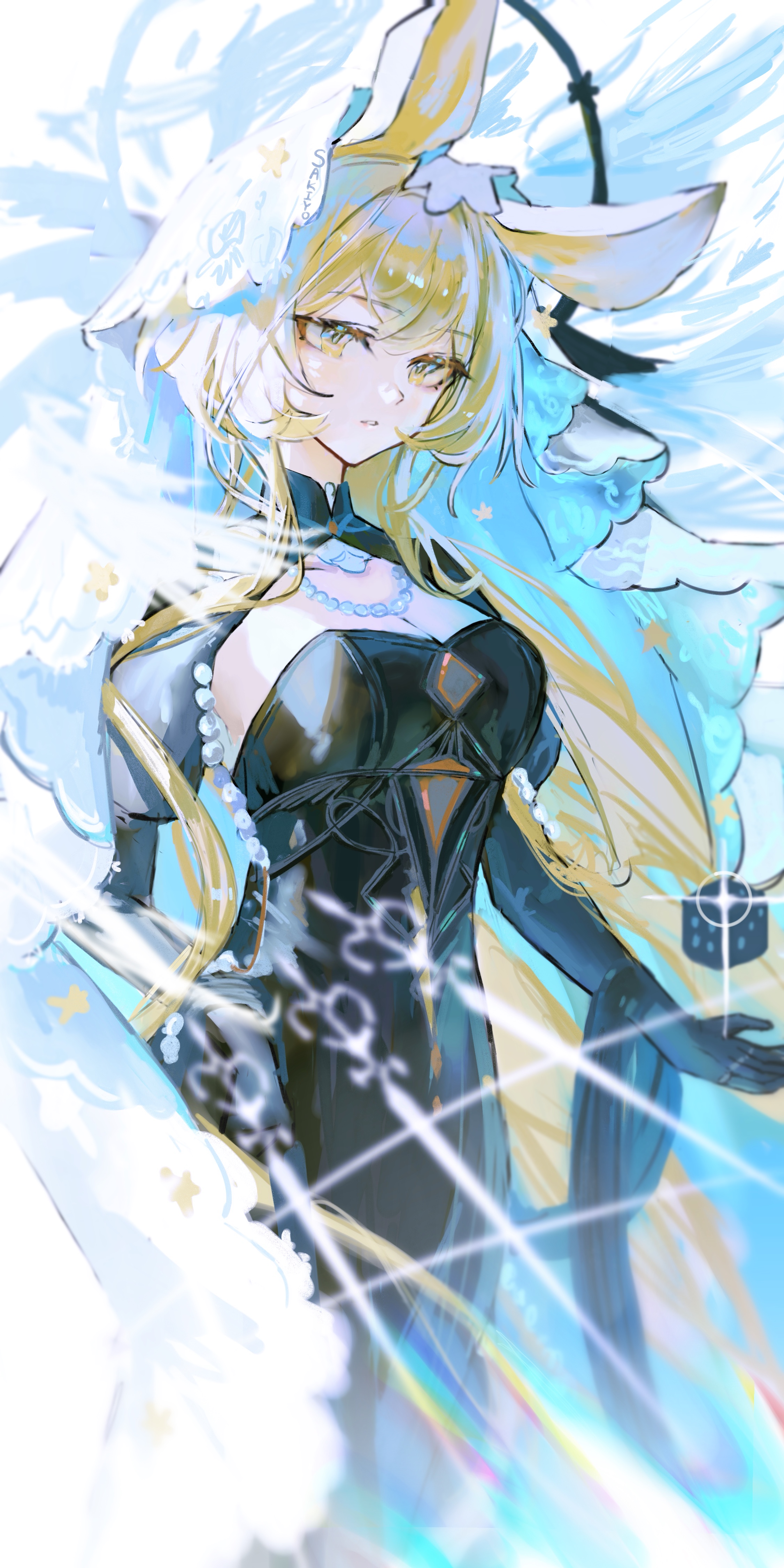 sakiyo, dorothy (arknights), dorothy (hand of destiny) (arknights), arknights, absurdres, commentary, highres, 1girl, animal ears, armpit peek, artist name, black dress, black gloves, black shrug, blonde hair, breasts, cleavage, cowboy shot, dice, dress, elbow gloves, gloves, hair flowing over, jewelry, long hair, looking at viewer, medium breasts, mouse ears, necklace, official alternate costume, parted lips, pearl necklace, shrug (clothing), sidelocks, solo, strapless, strapless dress, veil, very long hair, white veil, yellow eyes