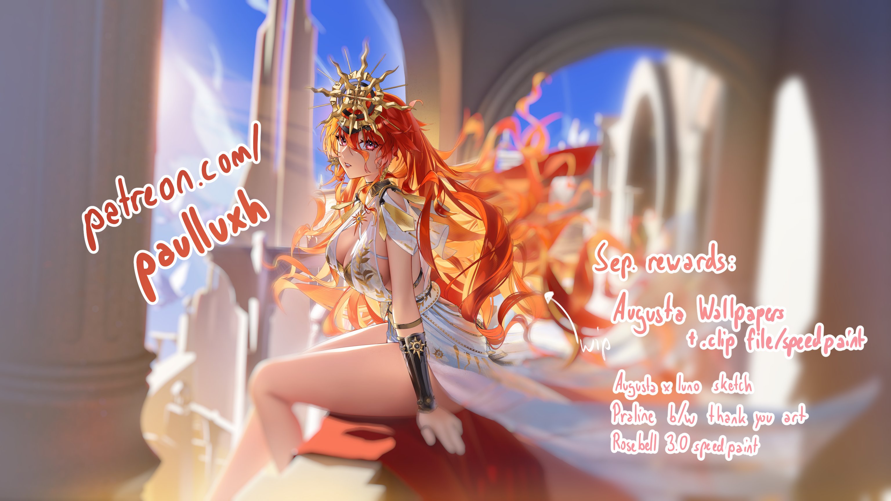 paulluxh, augusta (wuthering waves), wuthering waves, commentary, english commentary, highres, 1girl, arm armor, armor, artist name, black collar, blue sky, breastplate, breasts, collar, day, dress, earrings, hair between eyes, headgear, jewelry, large breasts, looking at viewer, orange hair, parted lips, red eyes, sitting, sky, solo, sun earrings, thighs, white dress