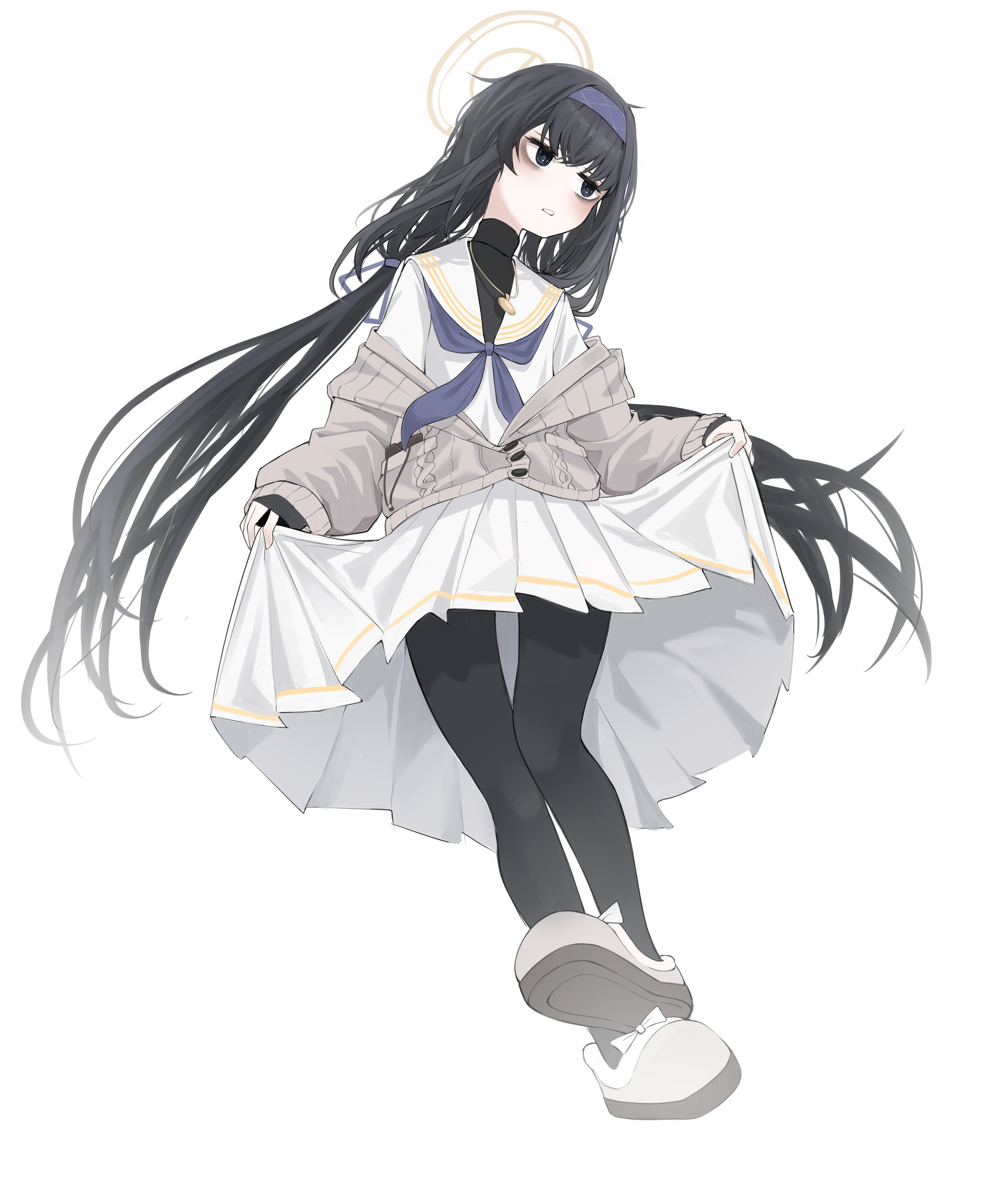 ka keo, ui (blue archive), blue archive, absurdres, highres, 1girl, bags under eyes, black hair, black pantyhose, blue eyes, blue neckerchief, bow, brown cardigan, brown halo, cardigan, cardigan partially removed, floating hair, footwear bow, from below, full body, grey shoes, halo, jewelry, jitome, long hair, looking to the side, low twintails, medium skirt, neckerchief, open cardigan, open clothes, pantyhose, parted lips, pendant, pleated skirt, sailor collar, school uniform, serafuku, shirt, shoes, simple background, skirt, skirt hold, sleeves past wrists, solo, standing, turtleneck, turtleneck shirt, twintails, upskirt, very long hair, white background, white bow, white sailor collar, white serafuku, white shirt, white skirt