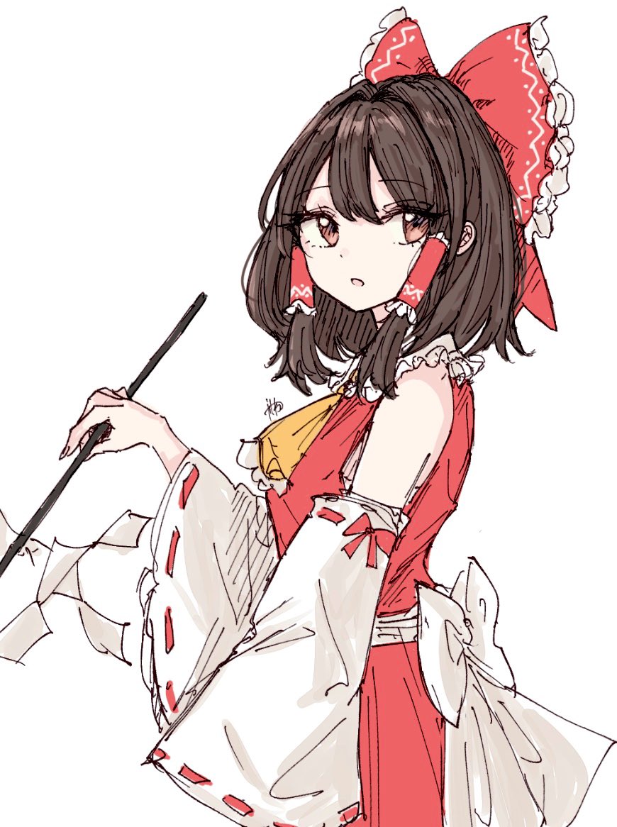 kashiwada kiiho, hakurei reimu, touhou, commentary request, 1girl, :o, ascot, back bow, bow, breasts, brown eyes, brown hair, cowboy shot, detached sleeves, double-parted bangs, frilled bow, frilled hair tubes, frills, from side, gohei, hair bow, hair tubes, holding, holding gohei, long sleeves, medium breasts, medium hair, parted lips, red bow, red skirt, red vest, ribbon-trimmed sleeves, ribbon trim, signature, simple background, skirt, solo, vest, white background, white bow, white sleeves, wide sleeves, yellow ascot