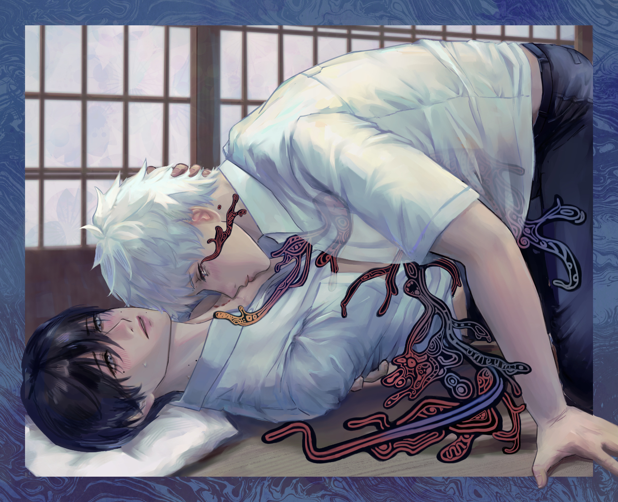 indou hikaru, tsujinaka yoshiki, hikaru ga shinda natsu, highres, 2boys, belt, black belt, black hair, black pants, blush, body horror, boy on top, collared shirt, hand on another's head, lips, male focus, mole, mole on cheek, mole on neck, mole under eye, mole under mouth, multiple boys, multiple moles, open clothes, open shirt, outside border, pants, shirt, short hair, short sleeves, ume-umi, white hair, white shirt
