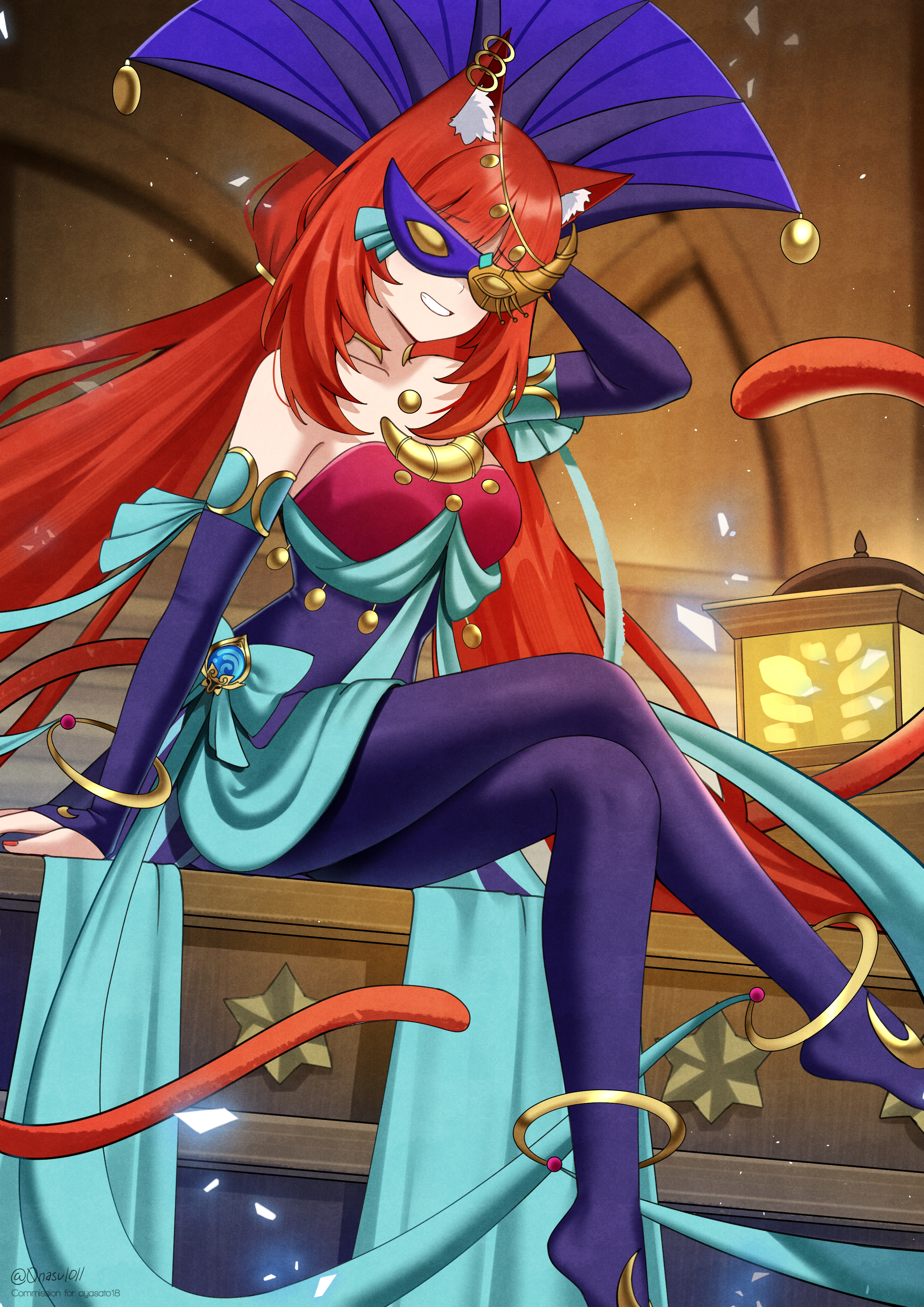 nassss, lunalight cat dancer, nilou (genshin impact), genshin impact, yu-gi-oh!, yu-gi-oh! arc-v, absurdres, highres, animal ears, cat ears, dancer, red hair, smile