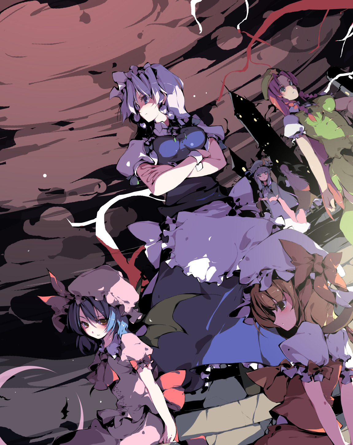 sakura sora, flandre scarlet, hong meiling, izayoi sakuya, koakuma, patchouli knowledge, remilia scarlet, embodiment of scarlet devil, touhou, silver hair, bad id, bad pixiv id, highres, 6+girls, ascot, bat wings, blonde hair, blue eyes, blue hair, blush, bow, braid, breasts, crescent, crossed arms, dress, everyone, female focus, hair bow, hat, long hair, maid, maid headdress, multiple girls, purple eyes, purple hair, red eyes, red hair, ribbon, short hair, side ponytail, twin braids, wings