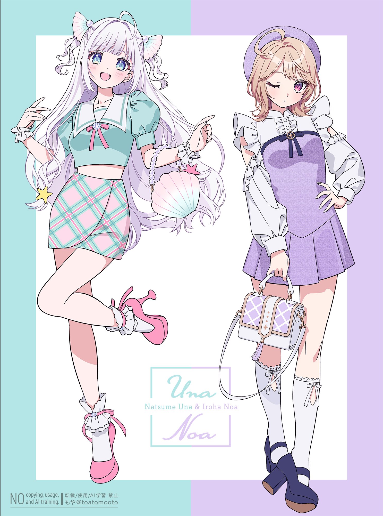 moya (toatomoot), original, highres, 2girls, :d, ankle socks, artist name, bag, beads, black ribbon, black shoes, blonde hair, blue eyes, breasts, character name, cropped shirt, dot nose, dress, flipped hair, full body, hair bobbles, hair ornament, handbag, high heels, kneehighs, long hair, long sleeves, looking at viewer, medium hair, midriff, miniskirt, multiple girls, one eye closed, open mouth, parted lips, pink eyes, pink ribbon, pink shoes, pink skirt, plaid clothes, plaid skirt, puffy short sleeves, puffy sleeves, purple bag, purple dress, ribbon, shoes, short dress, short sleeves, skirt, smile, socks, standing, twitter username, two side up, unmoving pattern, wavy hair, white hair, white socks