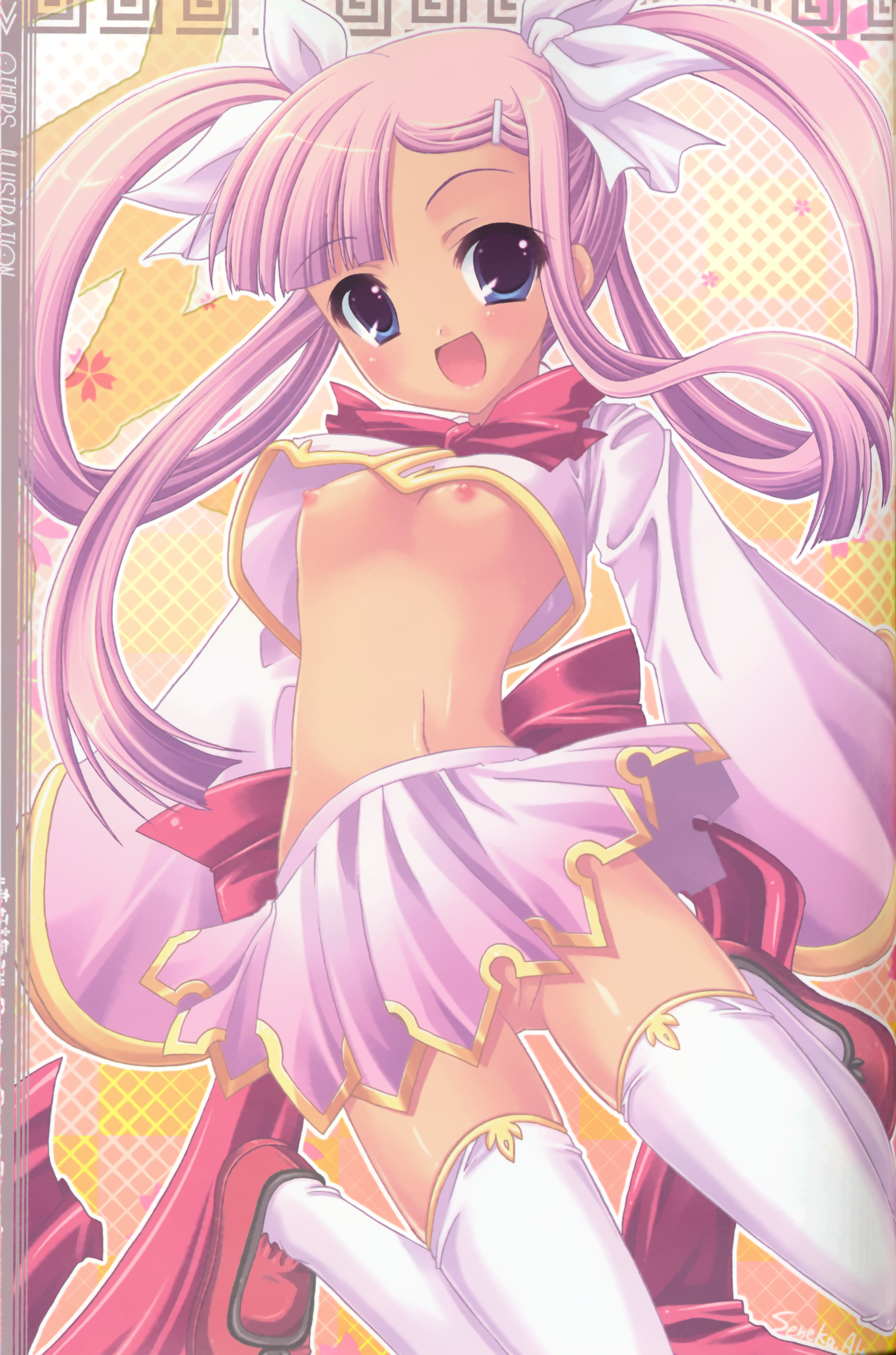 rusty soul, sonshoukou (koihime musou), koihime musou, absurdres, highres, 00s, 1girl, blue eyes, female focus, flat chest, loli, long hair, midriff, navel, nipples, no panties, pink hair, pussy, ribbon, solo, thigh gap, thighs, twintails, uncensored