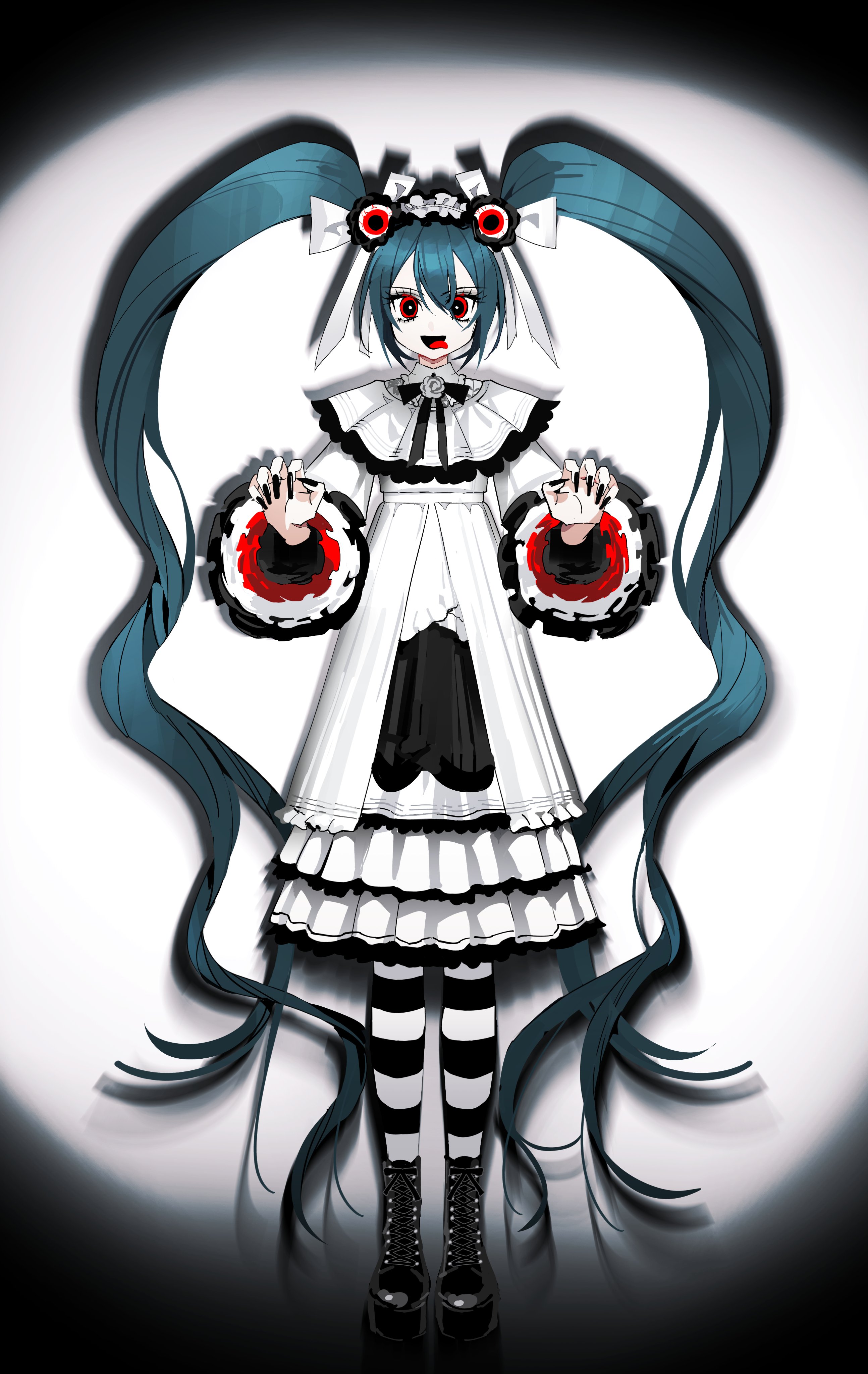 paldu, hatsune miku, l'amour de pierrot, vocaloid, absurdres, highres, 1girl, :d, aqua hair, black boots, black nails, black ribbon, black socks, black trim, boots, brooch, claw pose, dress, eye hair ornament, flower brooch, frilled dress, frilled sleeves, frills, full body, hair between eyes, hands up, horizontal-striped socks, jewelry, lace-up boots, long hair, long sleeves, open mouth, optical illusion, red eyes, ribbon, shadow, skull, smile, socks, solo, spotlight, straight-on, striped clothes, striped socks, tongue, tongue out, twintails, very long fingernails, very long hair, vignetting, white background, white dress, white headdress, white ribbon, white socks