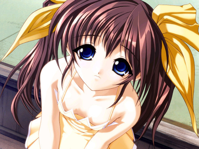 emori misaki, taguchi sayaka, sakuranbo kaigan, game cg, non-web source, 1girl, blue eyes, downblouse, dress, female focus, flat chest, red hair, sitting, solo, twintails