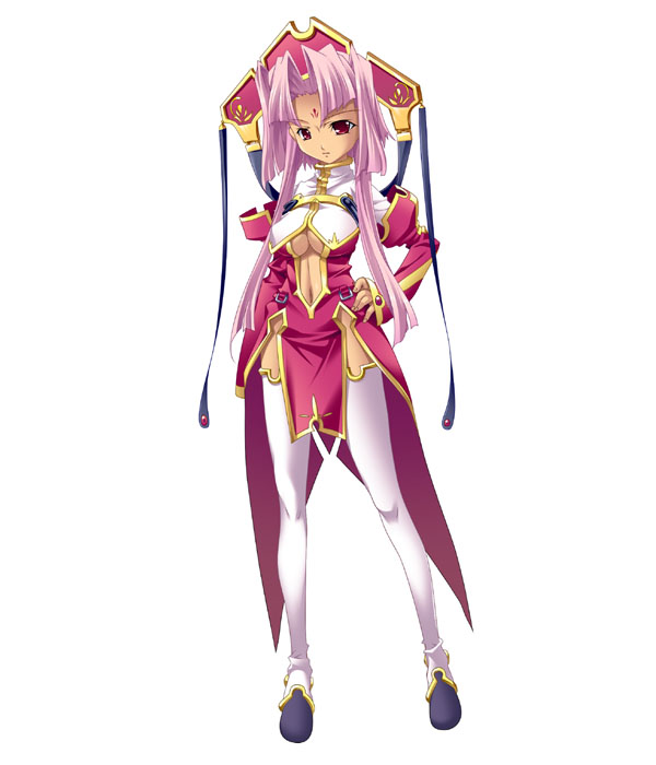 hikage eiji, sonken (koihime musou), koihime musou, headwear request, 00s, 1girl, :i, breasts, center opening, dress, female focus, full body, hair ornament, hand on own hip, hat, long hair, medium breasts, navel, pink hair, purple hair, red eyes, solo, standing, thigh gap, thighhighs, thighs, underboob, white background, white thighhighs