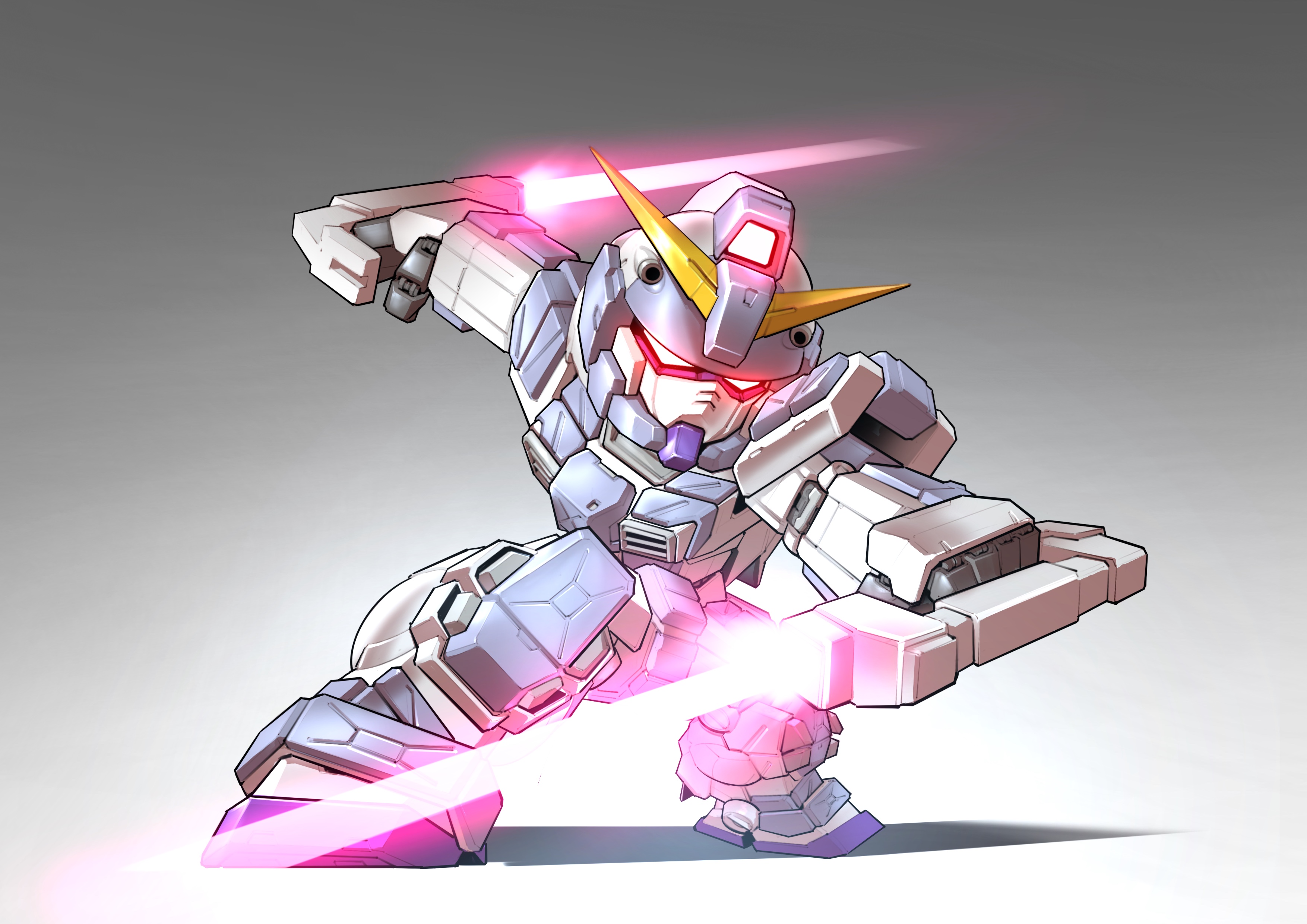 zakuma, gundam, sd gundam, absurdres, chinese commentary, commentary request, highres, making-of available, chibi, dual wielding, energy sword, fighting stance, full body, glowing, glowing eyes, gradient background, holding, holding sword, holding weapon, mecha, mecha focus, mobile suit, mobile suit gundam katana, no humans, outstretched arms, pink eyes, robot, science fiction, shadow, solo, spread arms, standing, striker custom, sword, v-fin, weapon