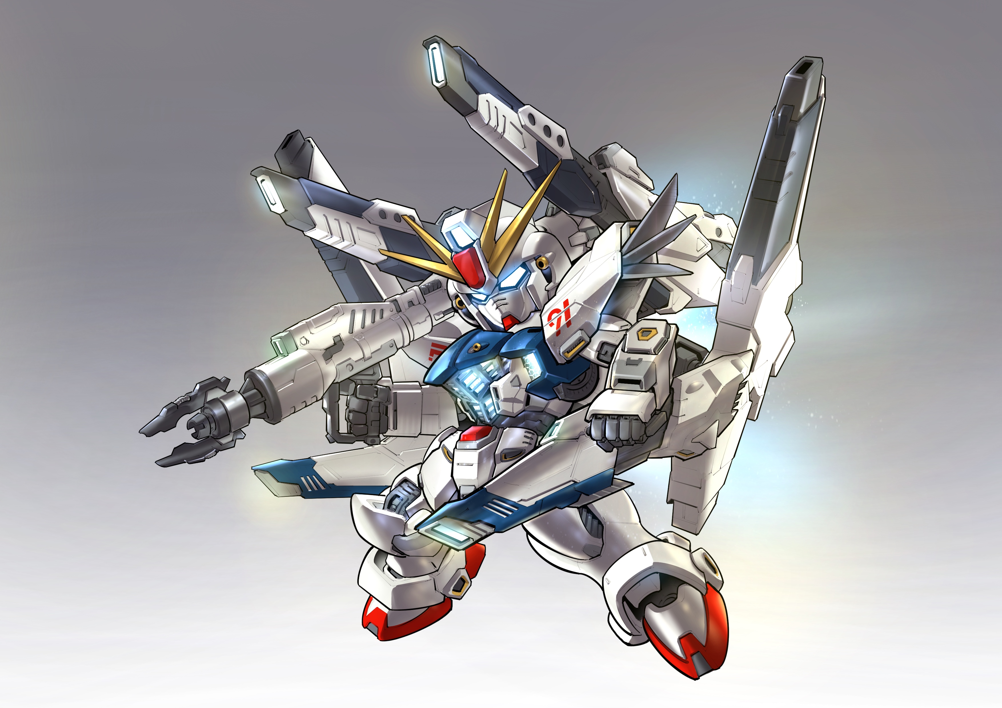 zakuma, f91 gundam, gundam, gundam f91, sd gundam, absurdres, chinese commentary, commentary request, highres, making-of available, beam cannon, blue eyes, chibi, exhaust, full body, glowing, glowing eyes, holding, holding weapon, mecha, mecha focus, mobile suit, no humans, robot, science fiction, solo, v-fin, weapon