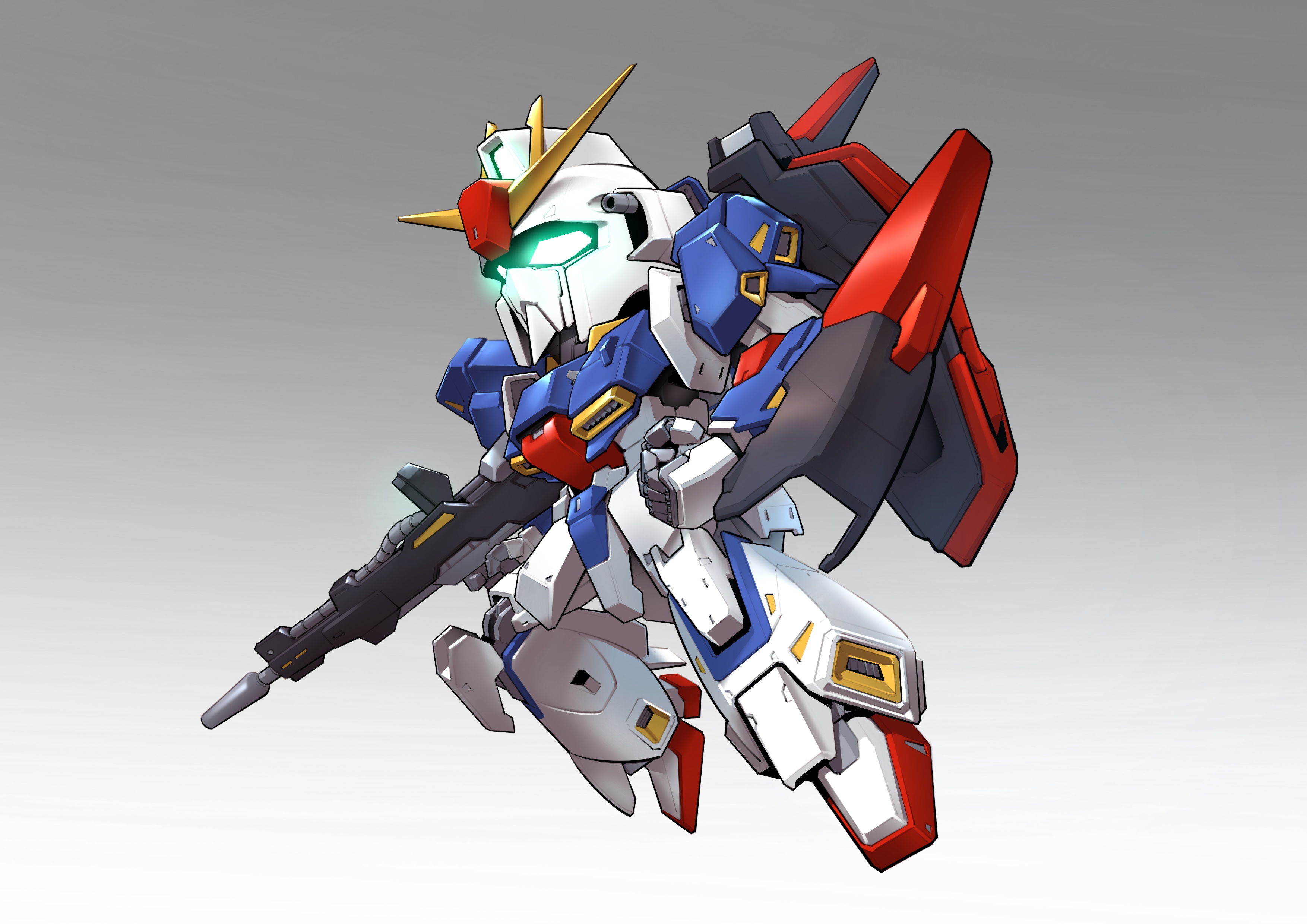zakuma, zeta gundam (mobile suit), gundam, sd gundam, zeta gundam, absurdres, chinese commentary, commentary request, highres, making-of available, beam rifle, chibi, energy gun, glowing, glowing eyes, gradient background, green eyes, gun, holding, holding gun, holding weapon, mecha, mecha focus, mobile suit, no humans, robot, science fiction, solo, v-fin, weapon